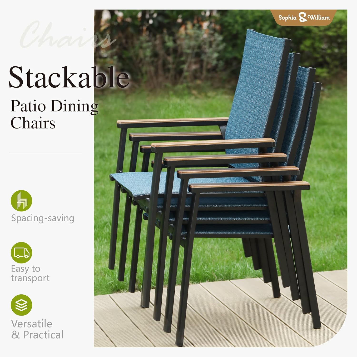 Sophia & William Patio Table and Chairs Set 7 Pieces, 6 Aluminium Patio Dining Chairs with 60" x 38" Metal Dining Table, Stackable and Easy to Move for Outdoor Garden Lawn (Blue)