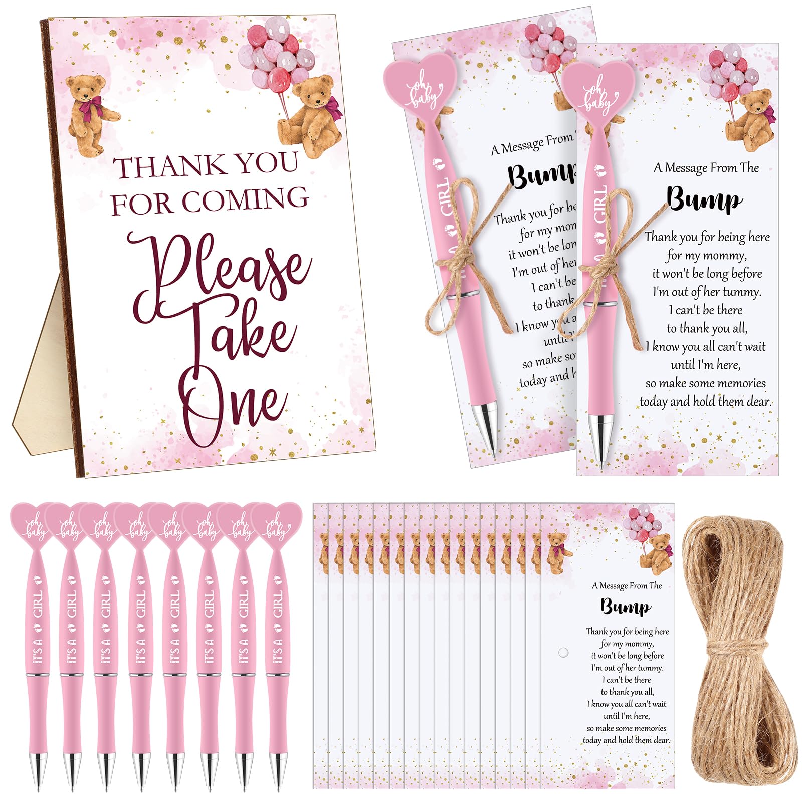 Qeeenar Juego de 50 recuerdos de baby shower para invitados, 1 letrero de agradecimiento por venir, 50 bolígrafos en forma de corazón, 50 tarjetas de agradecimiento con cordel para baby shower (niña,