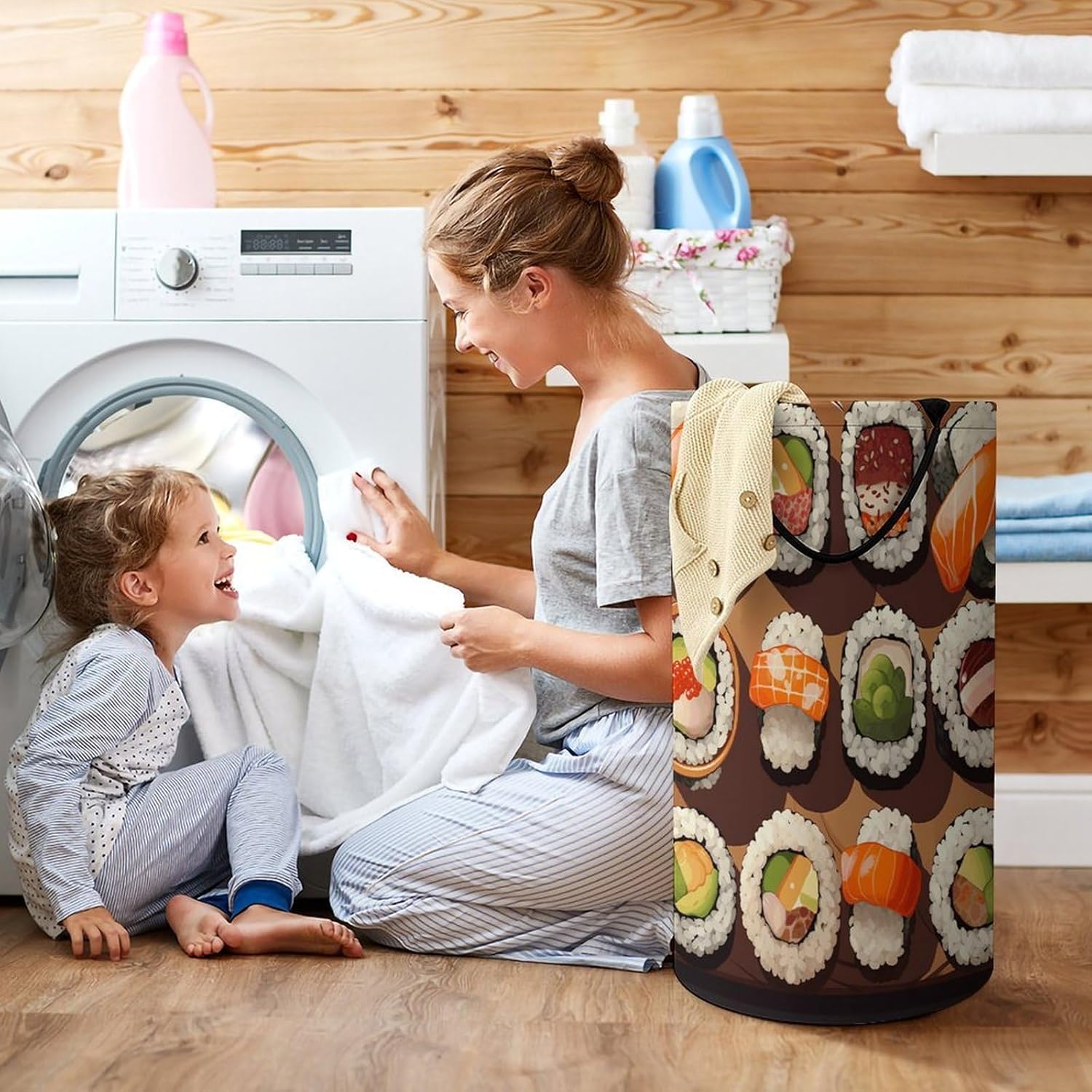 Many Sushi Food Laundry Hamper Freestanding Waterproof Clothes Hamper with Easy Carry Handles Large Collapsible Laundry Baskets Portable Dirty Clothes Basket