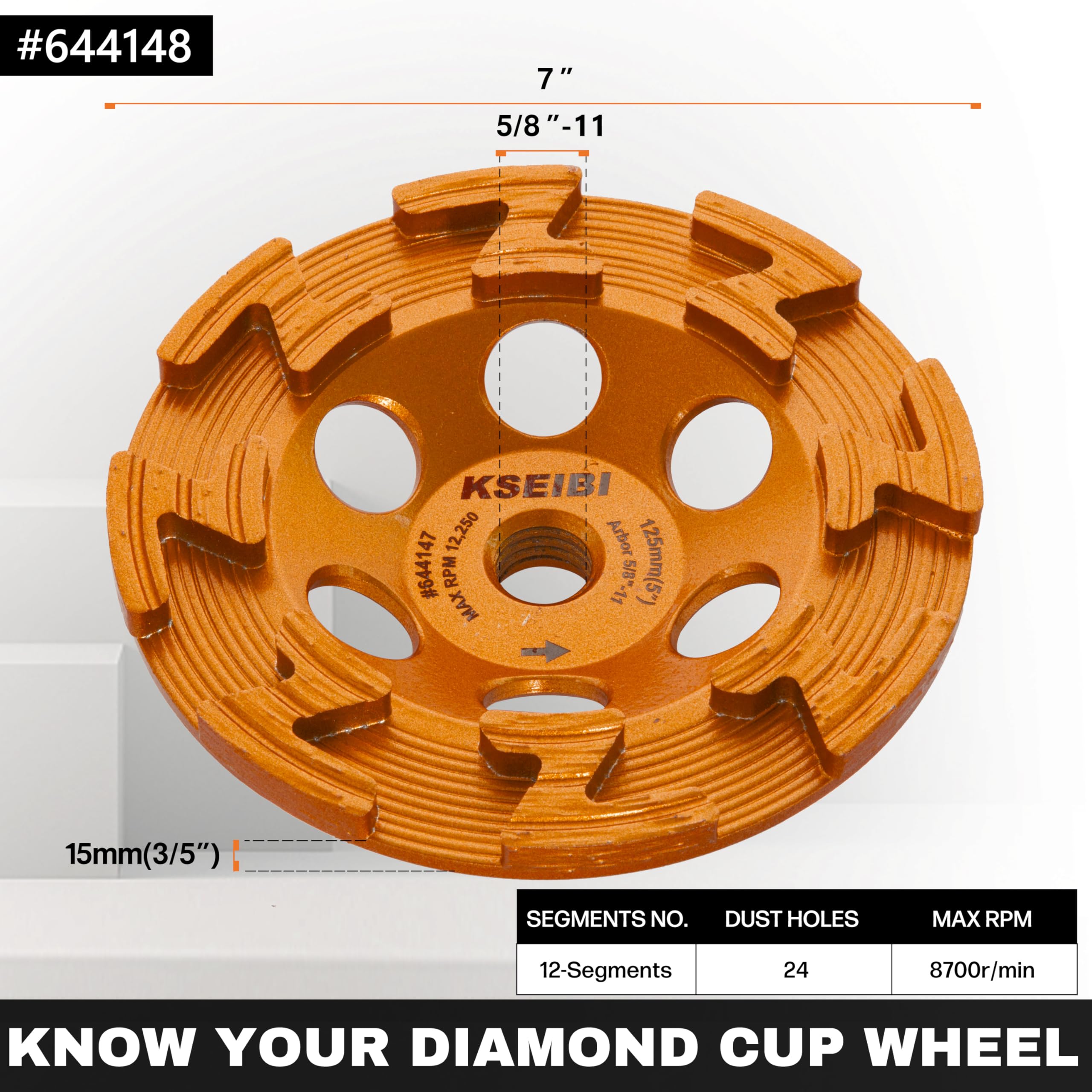 KSEIBI 644148 - Disco abrasivo de superficie para hormigón, rueda de copa de diamante agresivo (dorado, 7 pulgadas, 18, extra grueso)
