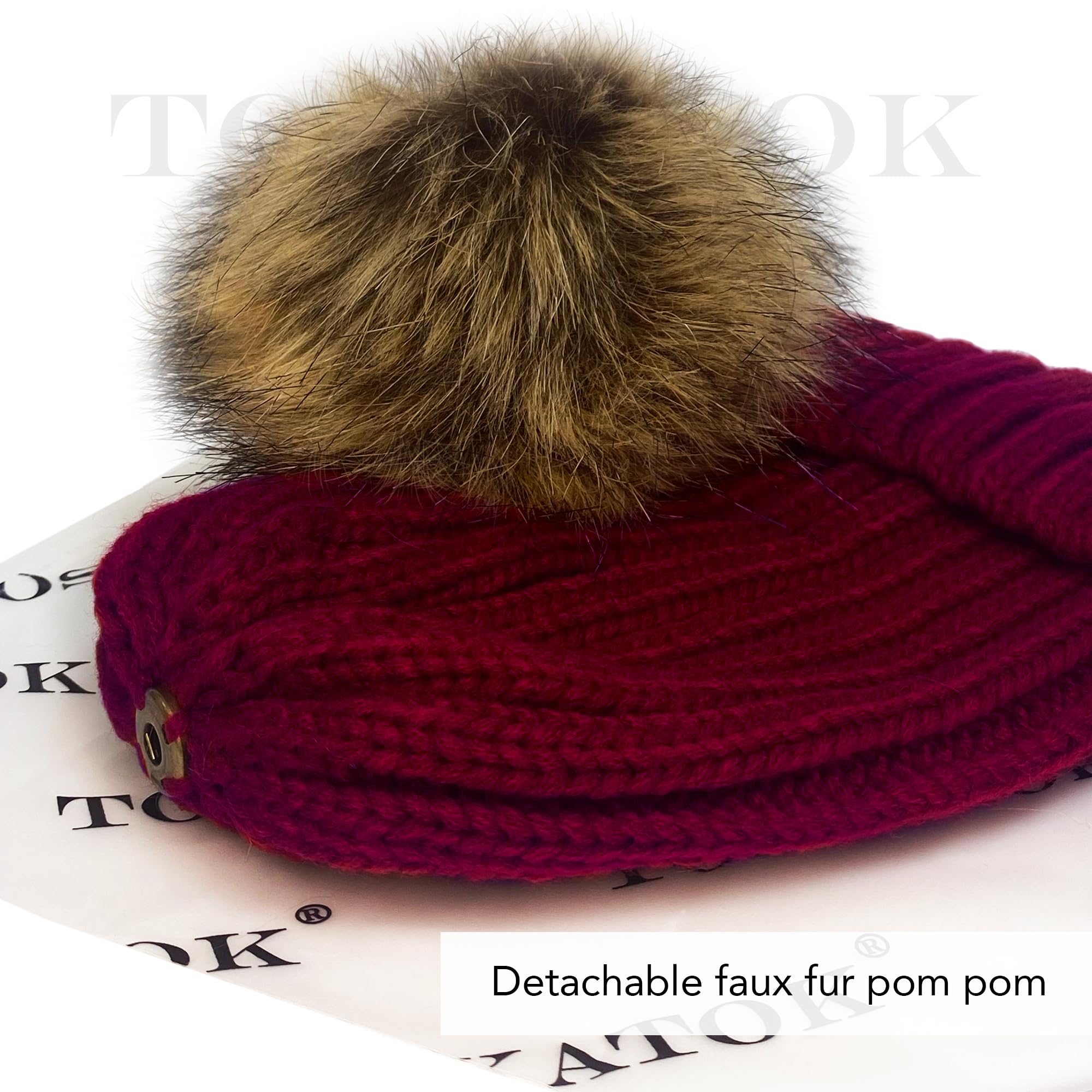 TOSKATOK® Cappello/Berretto Lavorato a Maglia Invernale Donna con Pelliccia Staccabile in Eco-Pelliccia Pesante Pom Pom