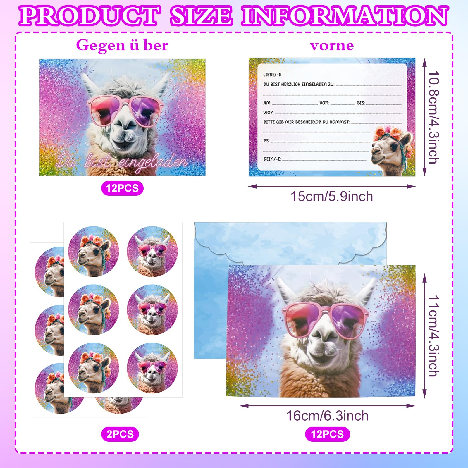 Moosthaler GLITZER Lama Biglietti d'invito per il compleanno dei bambini, 12 pezzi, divertenti e casual alpaca, inviti di compleanno con vera vernice glitterata, biglietti di invito per ragazze