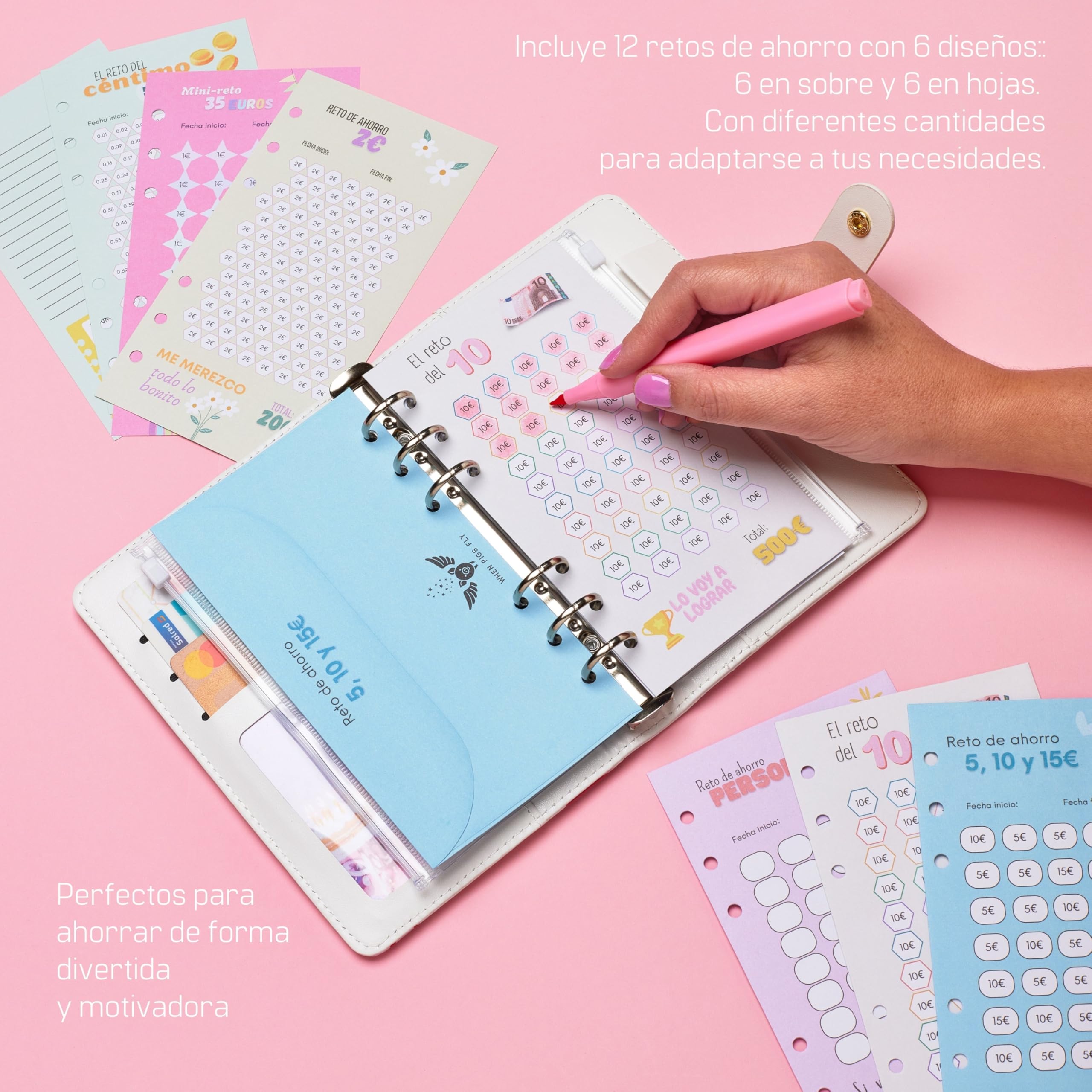 WHEN PIGS FLY Libreta de Ahorro A6 Español - Cuaderno de Ahorro con Sobres - Carpeta de Dinero - Organizador de Dinero - Carpeta de Ahorro (Blanca Corazones)