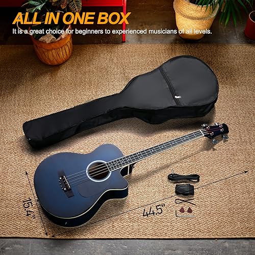 Miniatura 6 de Ktaxon Bajo acústico de 4 cuerdas, tamaño completo, kit de bajo con bolsa portátil, cable premium, llave, correa, púa (Azul)