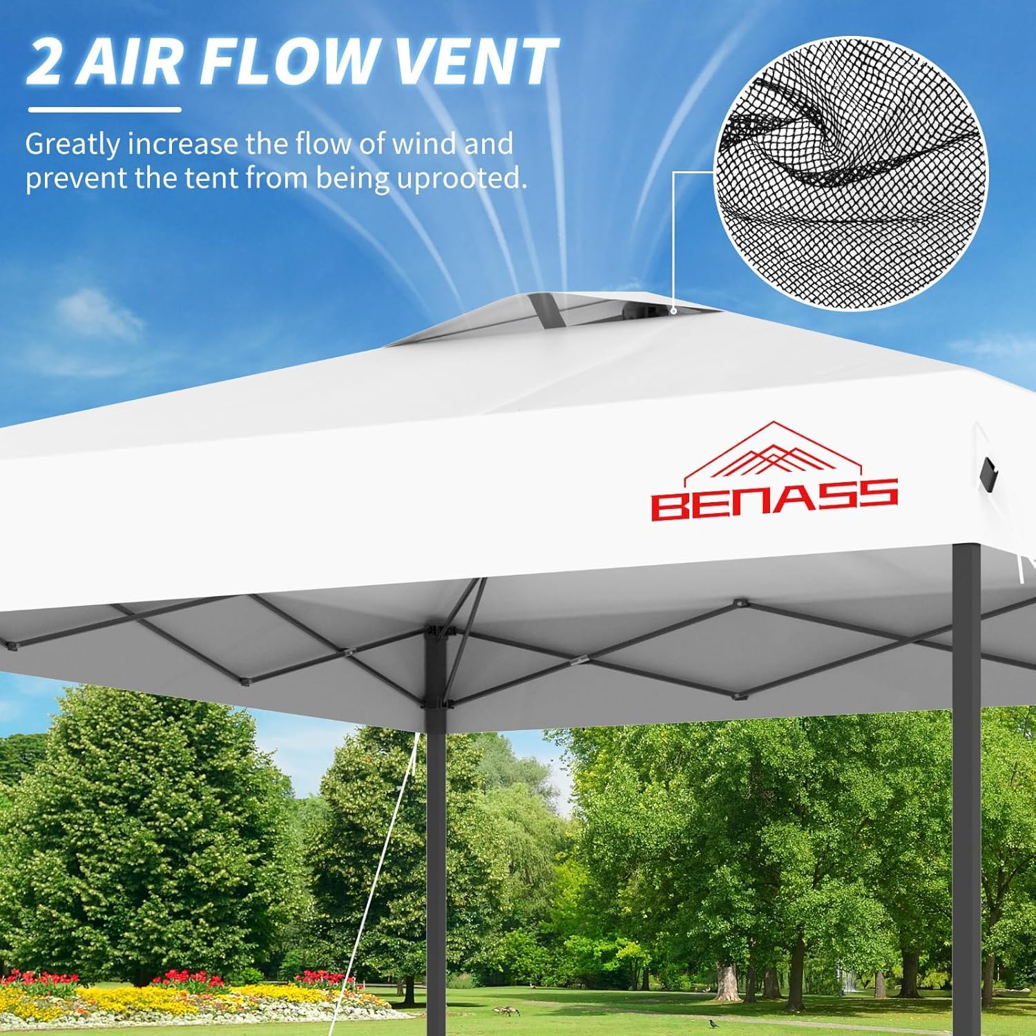 Close-up image of the canopy top, highlighting the two air flow vents designed to increase air circulation and prevent the tent from being uprooted by wind.