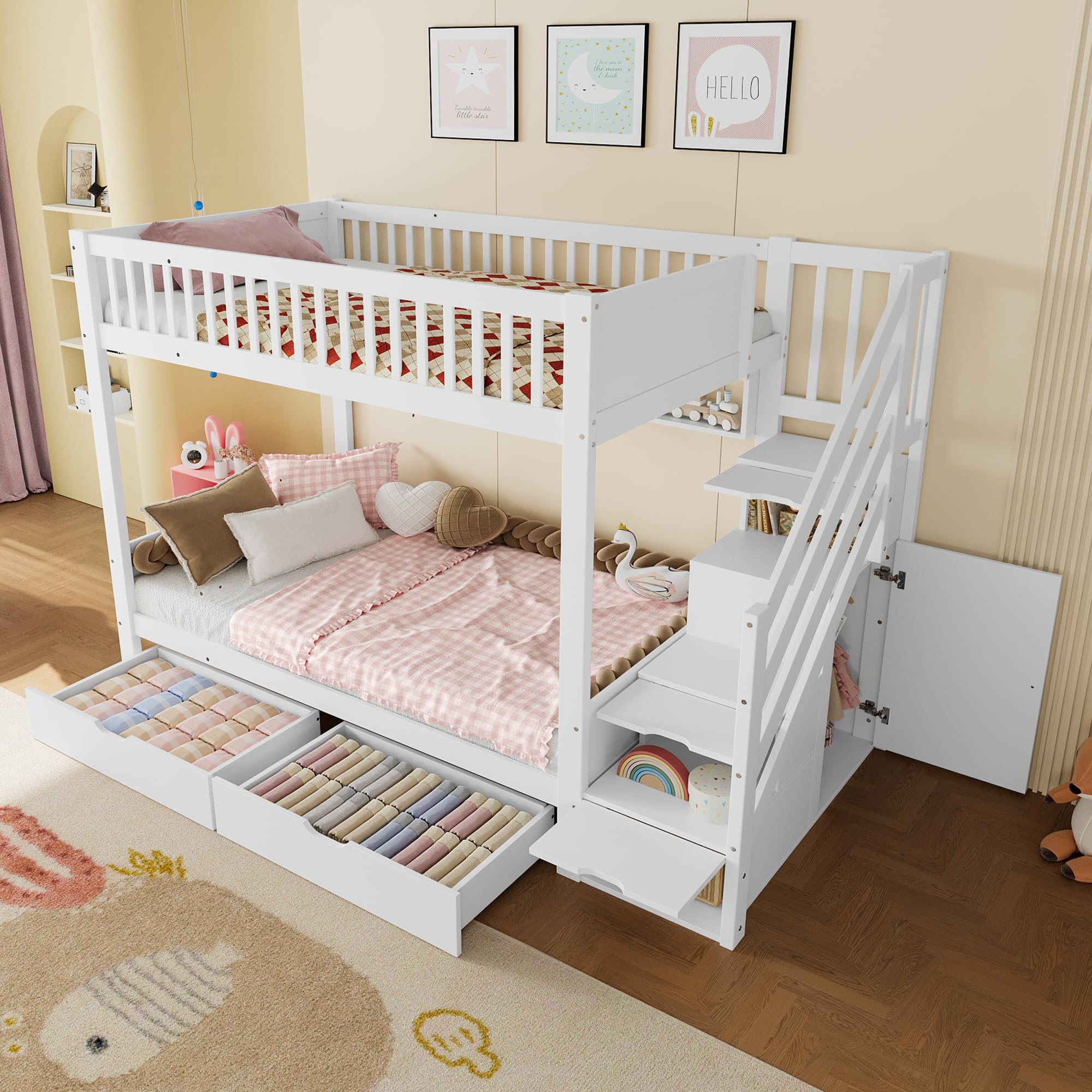 Letto a castello per 2 bambini, 90 x 200 cm, con scale, letto a soppalco con armadietti e protezione dalle cadute, con cassetto e scaffale, letti per ragazzi e ragazze, senza materasso (bianco