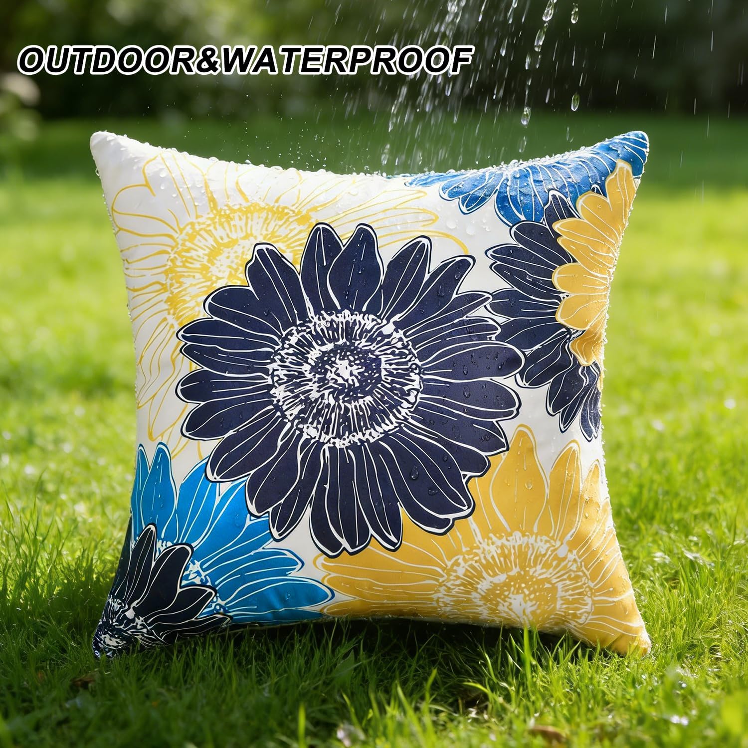 Waterproof Outdoor Pillow Covers 18x18 Decorative Summer Sunflower Square Pillow Covers Blue Yellow Throw Pillow Covers Set of 2 Garden Cushion Throw Pillowcase for Patio Furniture Tent Balcony Bench