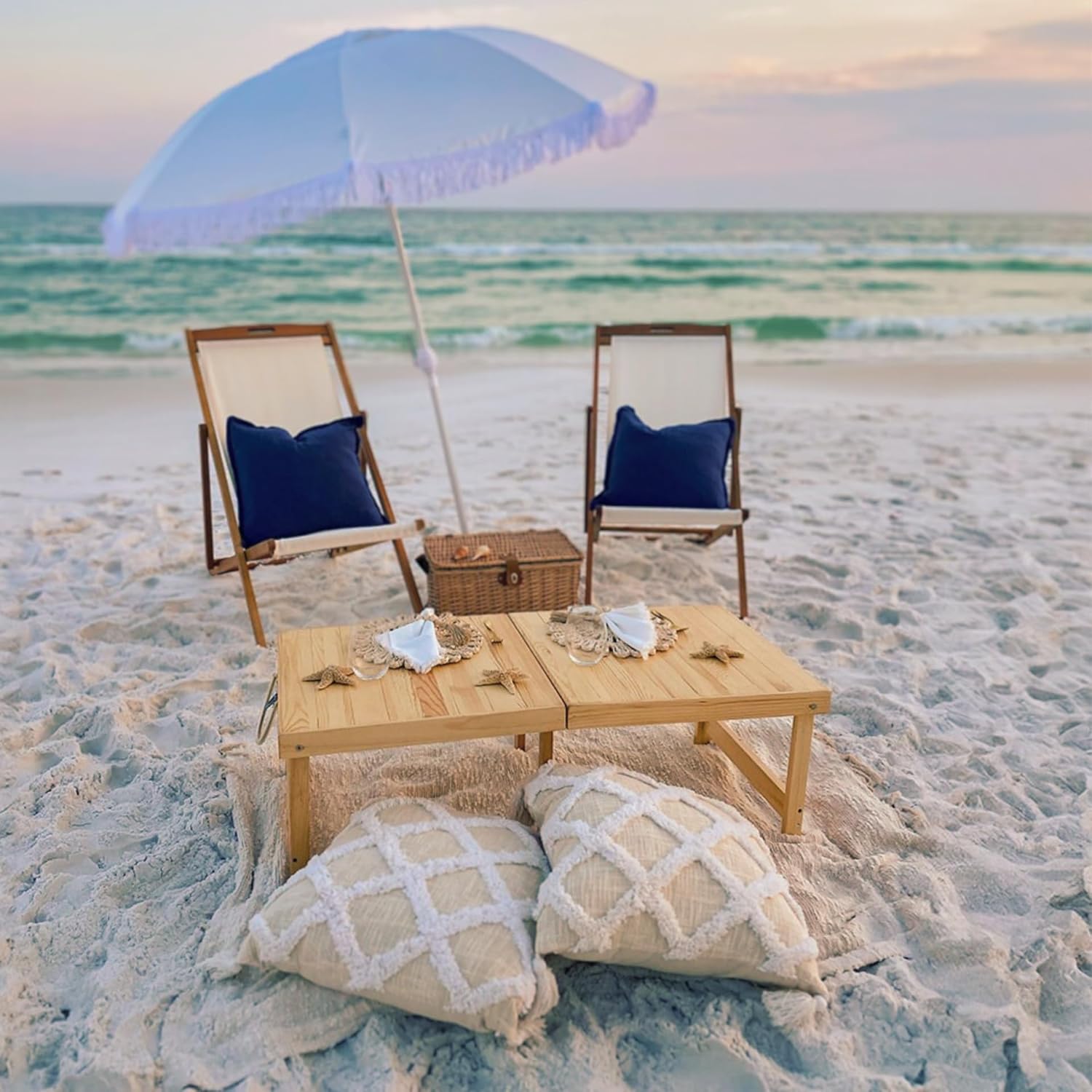 Foldable Beach Picnic Table - 3.5 ft/Low Height Wooden Portable Boho Travel Picnic Table for Picnic, Beach, BBQ, Camping, Party, Tailgating, Garden Outdoor/Indoor