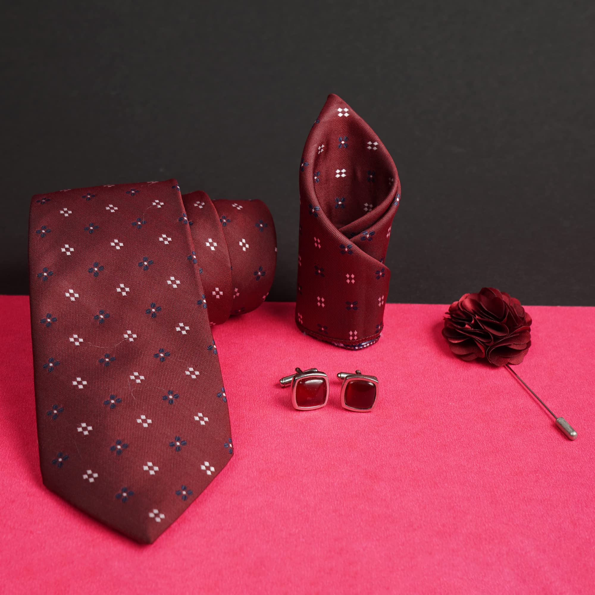 RIZORO Tie for Men – Dotted Silk Neck Ties Set with Cufflinks Flower Pin, Pocket Square & Black Gift Box, Combo Necktie Sets for Office Wear, Formal Suits & Weddings (Maroon, 4D3MRRX) 4