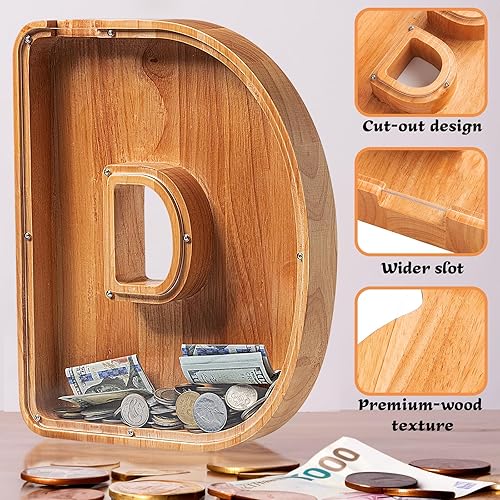 Miniatura 2 de Alcancías de madera extra grandes de 12 pulgadas  Alcancías para niños y niñas, bancos de dinero del alfabeto con inicial D  Banco de billetes para