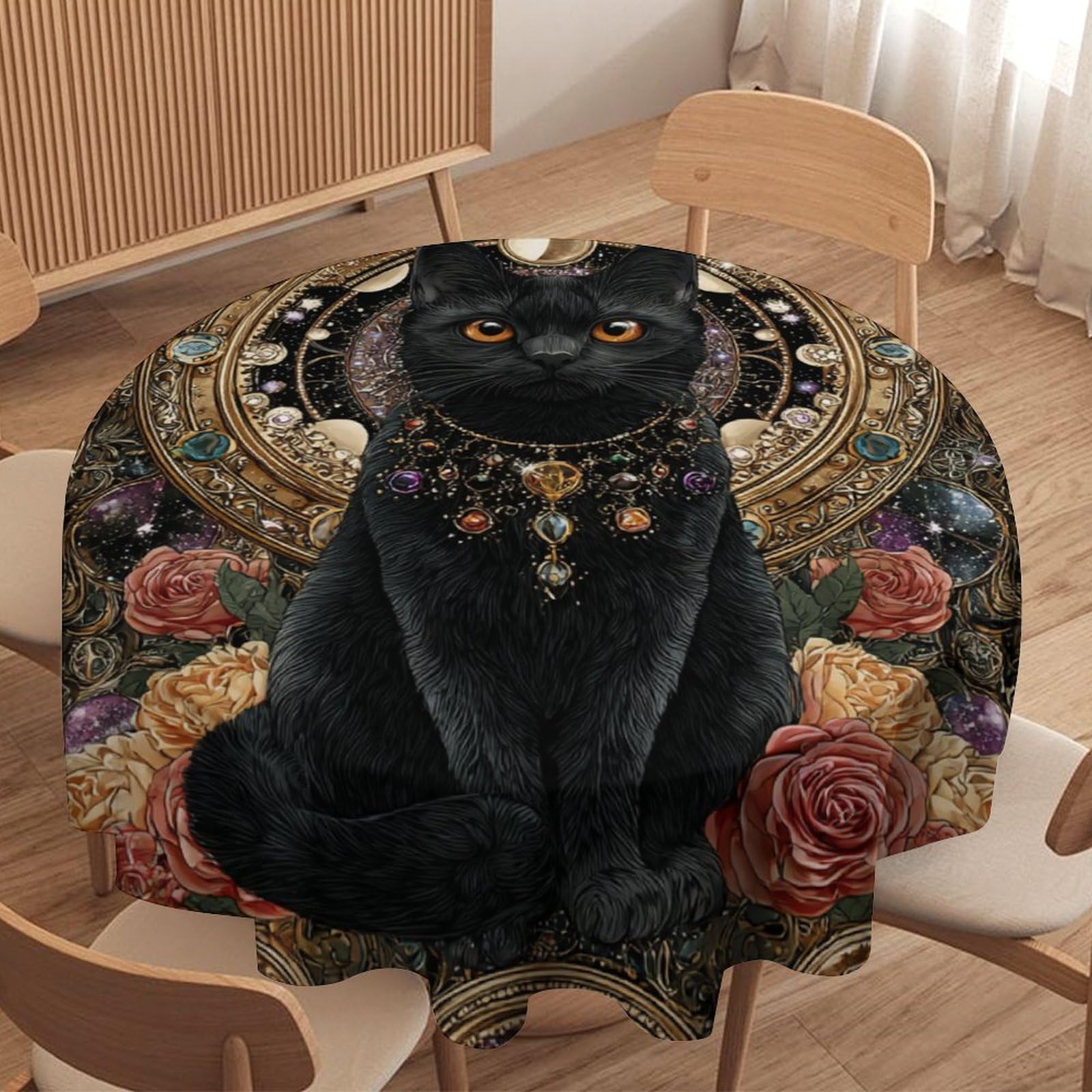LUYYSKY Fantasy Classic Black Cat Waterproof Round Tablecloth Boho Exotic Moon Phase Black Cat Roses Floral Pattern Washable Table Cover for Kitchen-127 Wx127 L cm