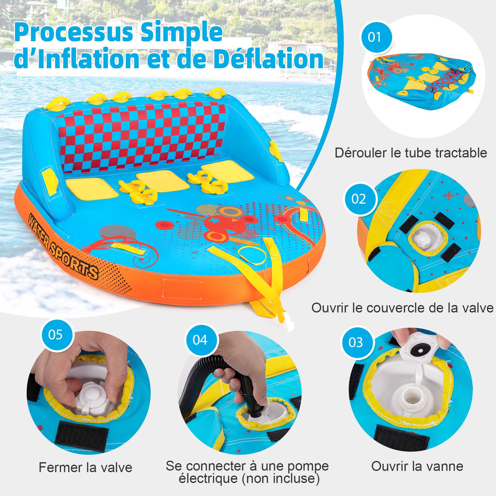 COSTWAY Bouée Tractée Gonflable pour 3 Personnes Charge 300KG, Gonflable Bateau Remorquable Housse en Nylon avec 2 Points de Remorquage, pour Sports Nautiques, 193 x 189 x 82 cm