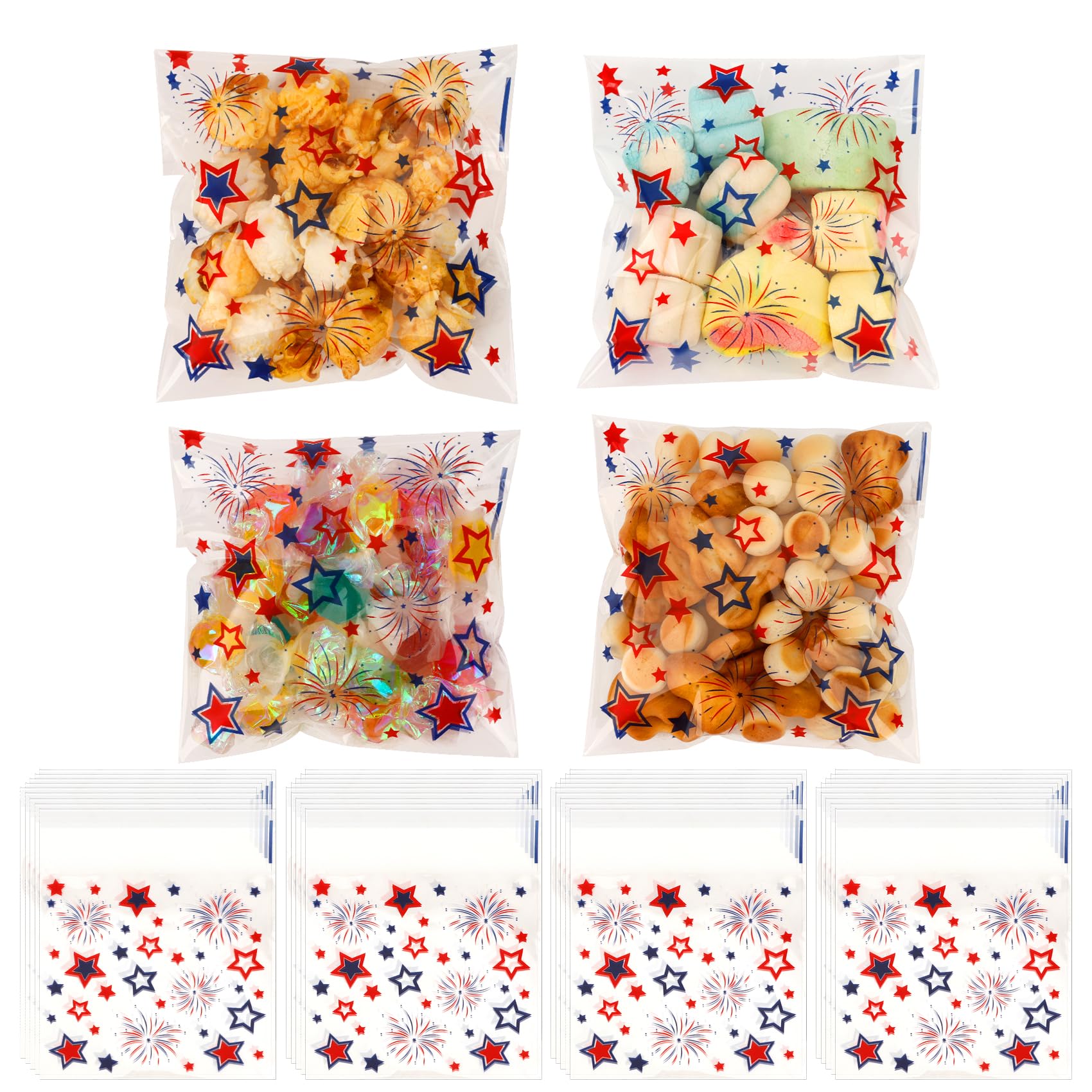 Red White Blue Star Patriotic Candy Bags, 200 PCS American Independence Day 4th of July Self Sealing Plastic Ziplock Cellophane Treat Goodie Gifts