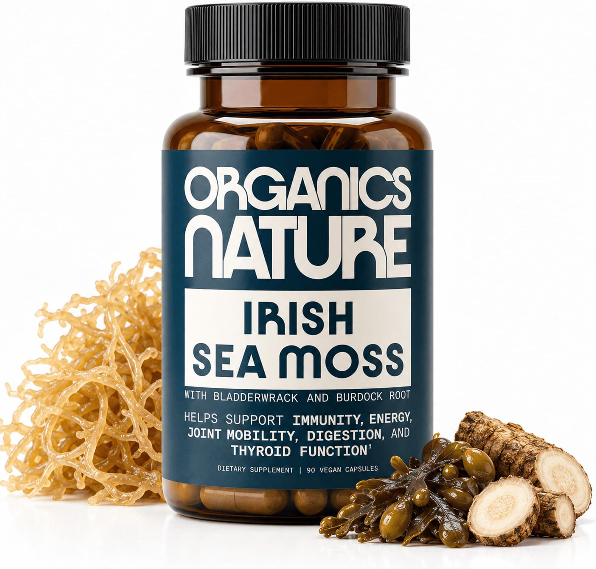 ORGANICS NATURE Sea Moss Capsule with Bladderwrack & Burdock - Natural Non-GMO, Vegan & Gluten-Free Irish Sea Moss - Thyroid, Immune System, Digestive Health, Beauty, Bone & Joint - 90 Capsules