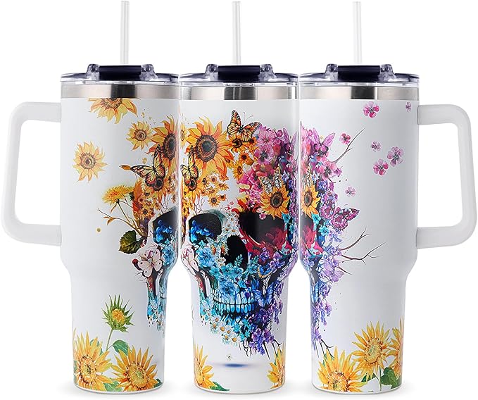 Skull Tumbler Sugar Skulls Themed Gifts for Women - Gothic Skull 40oz Tumbler with Handle - Christmas Birthday Present with Sunflowers Butterfly for Skulls Lovers