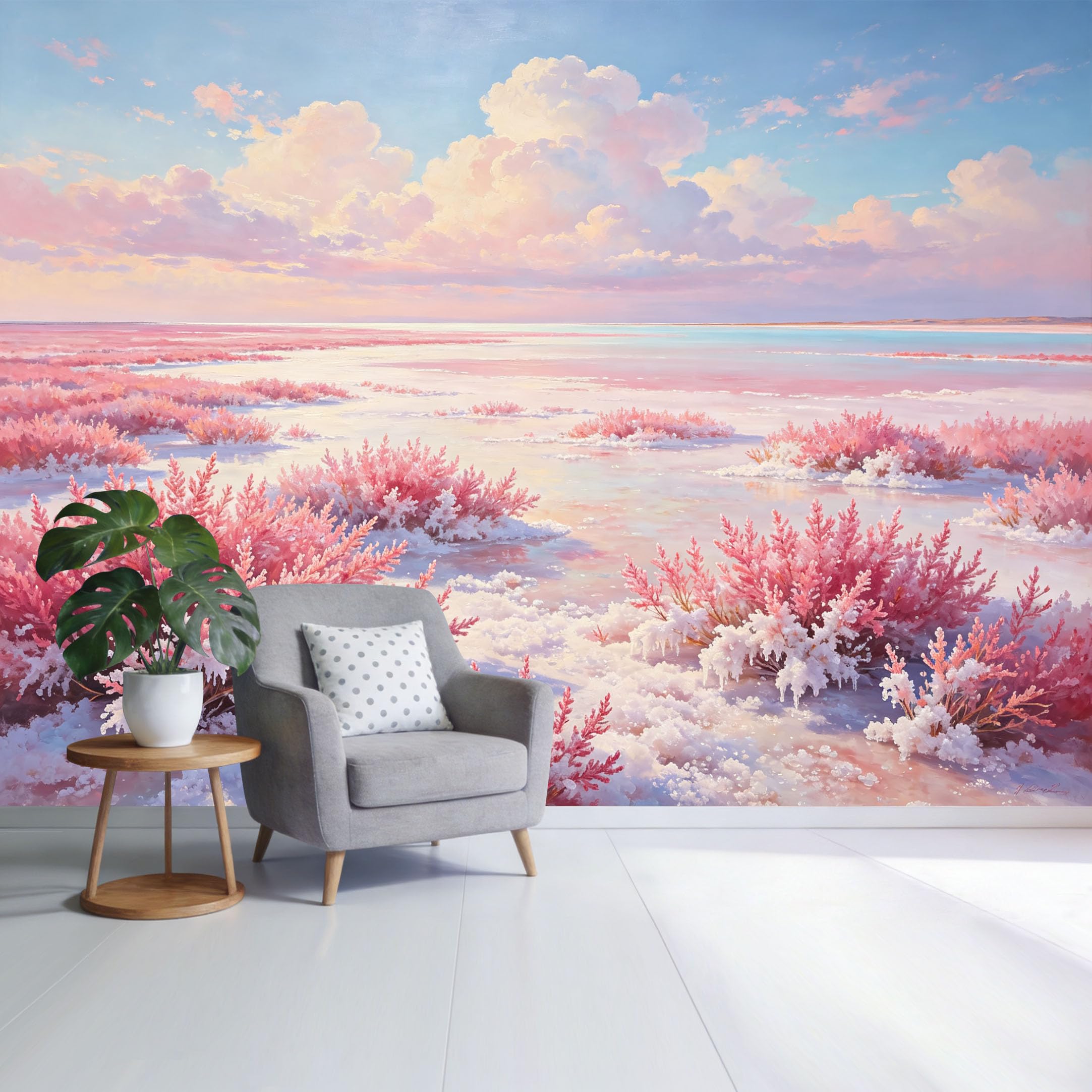 Custom Size Wall Mural Pink Coastal Landscape Sunrise Sky Pastel Horizon Botanical Ocean View SelfAdhesive Wall Fabric Removable Wallpaper for Home Office Decor