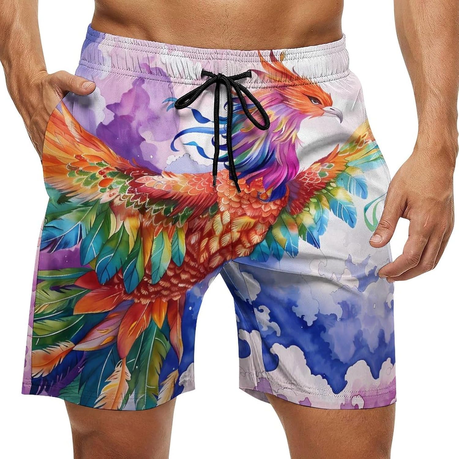Colorful Phoenixes Clound Casual Men's Swim Trunks Novelty Summer Beach Shorts Swimwear with Pocket