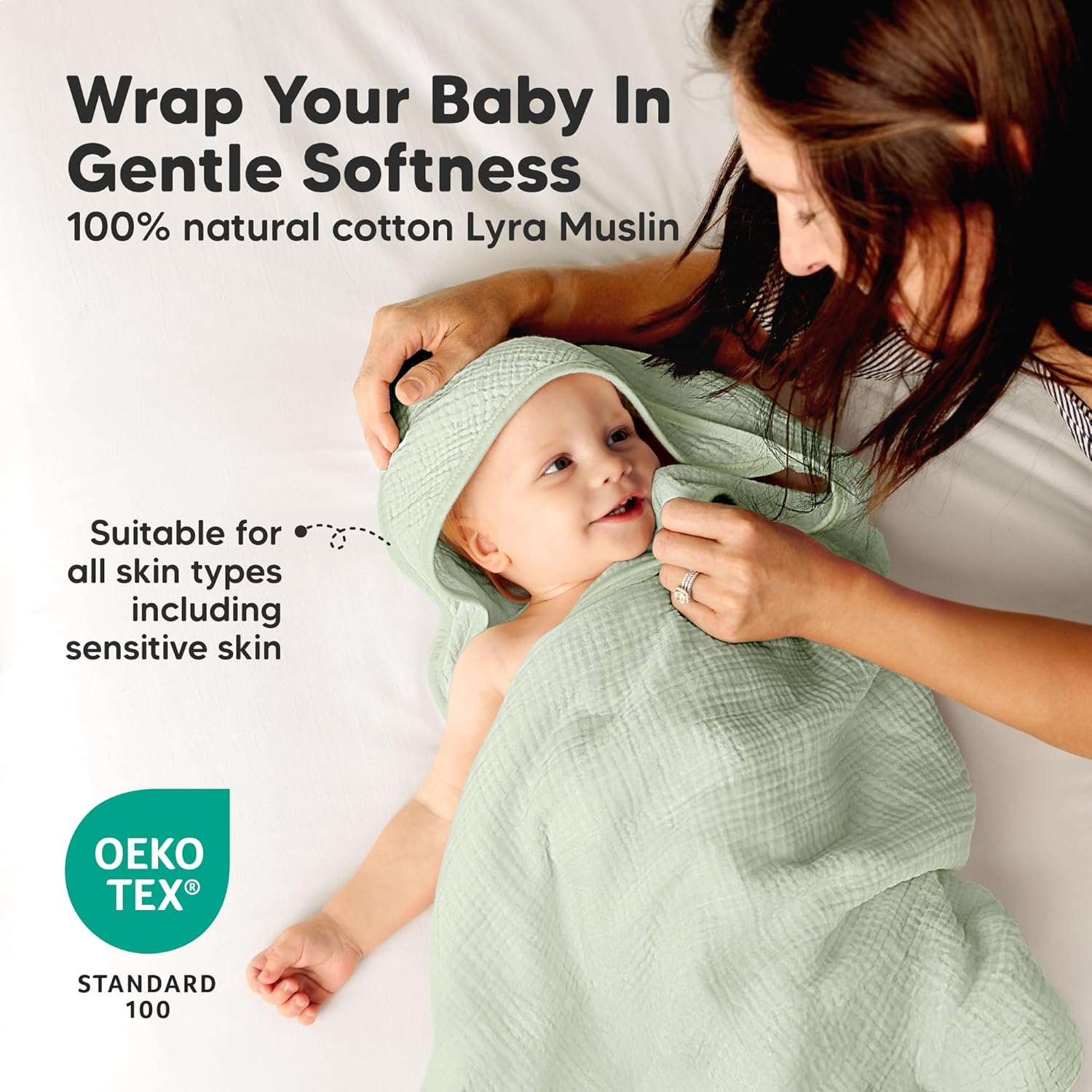 KeaBabies Muslin Hooded Baby Towels for Newborn Girls, Boys - 2-Pack, 30x30 Organic Cotton Baby Bath Towels Hooded, Soft Absorbent, Toddlers, Kids, Infant, Newborn Bath Essentials (Sage, Petite)