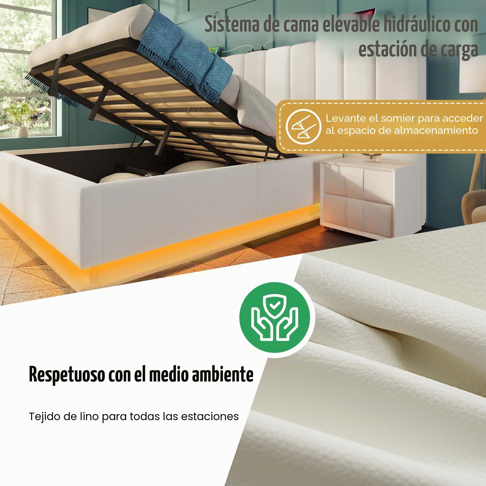 Lubvtti Cama de Matrimonio Con Control de Aplicación LED y Función de Carga USB-C, Almacenamiento de 180 x 200 cm, Estructura Con Cabecero de Gran Tamaño y Somier