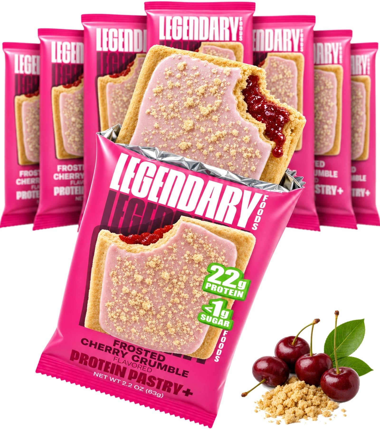 Legendary Foods 22g Protein Pastry 0g Added Sugar, Low Carb, Gluten Conscious, Keto Snack, Ideal for Glucose Management, Includes Whey Protein Isolate, 8 Pack Cherry Crumble