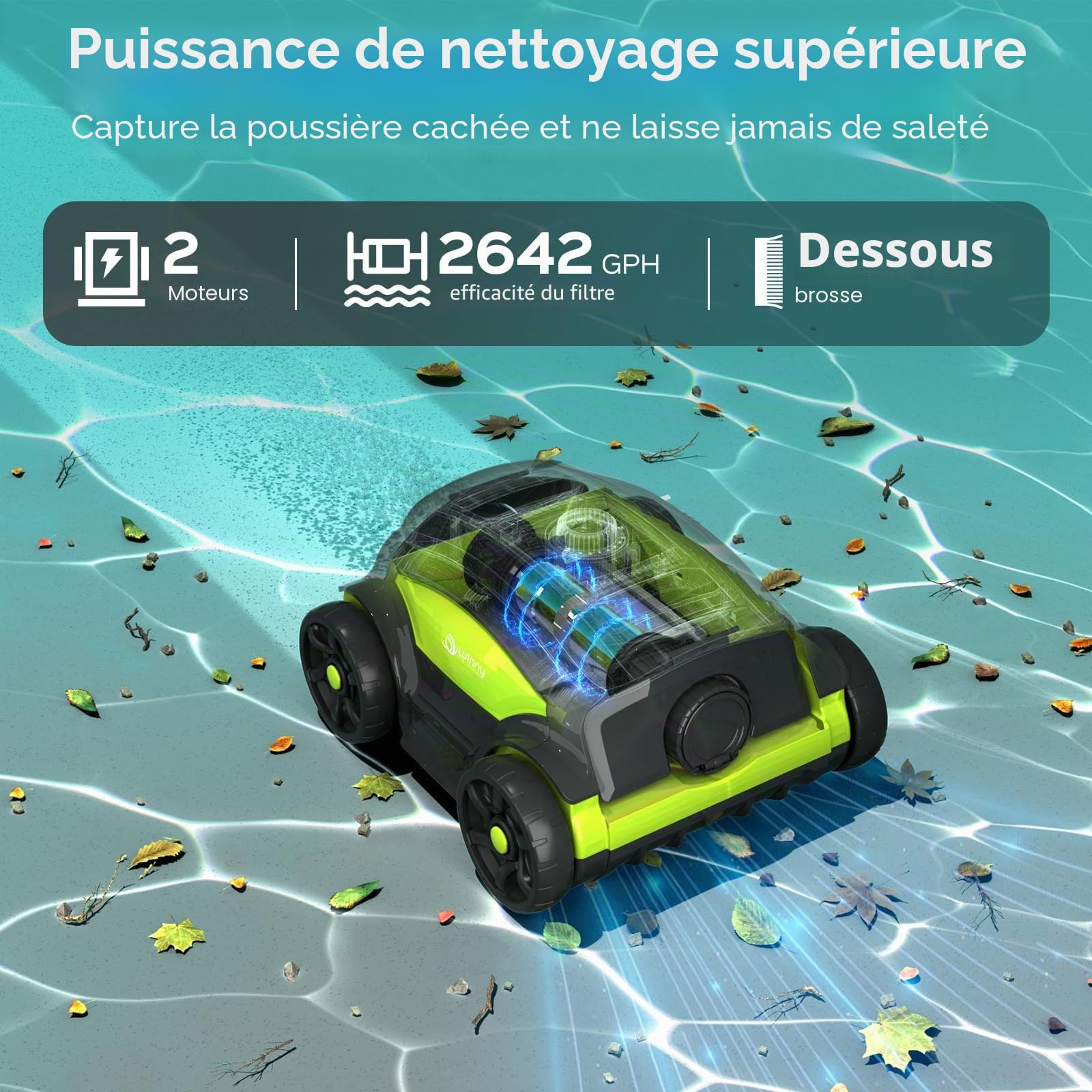 WINNY POOL CLEANER Winny 300II Robot Piscine, Aspirateur Piscine sans Fil avec Batterie,120 Min,LED,Stationnement Automatique,Nettoyeur de Piscine pour Piscine Hors-Sol 100m²-Noir Vert