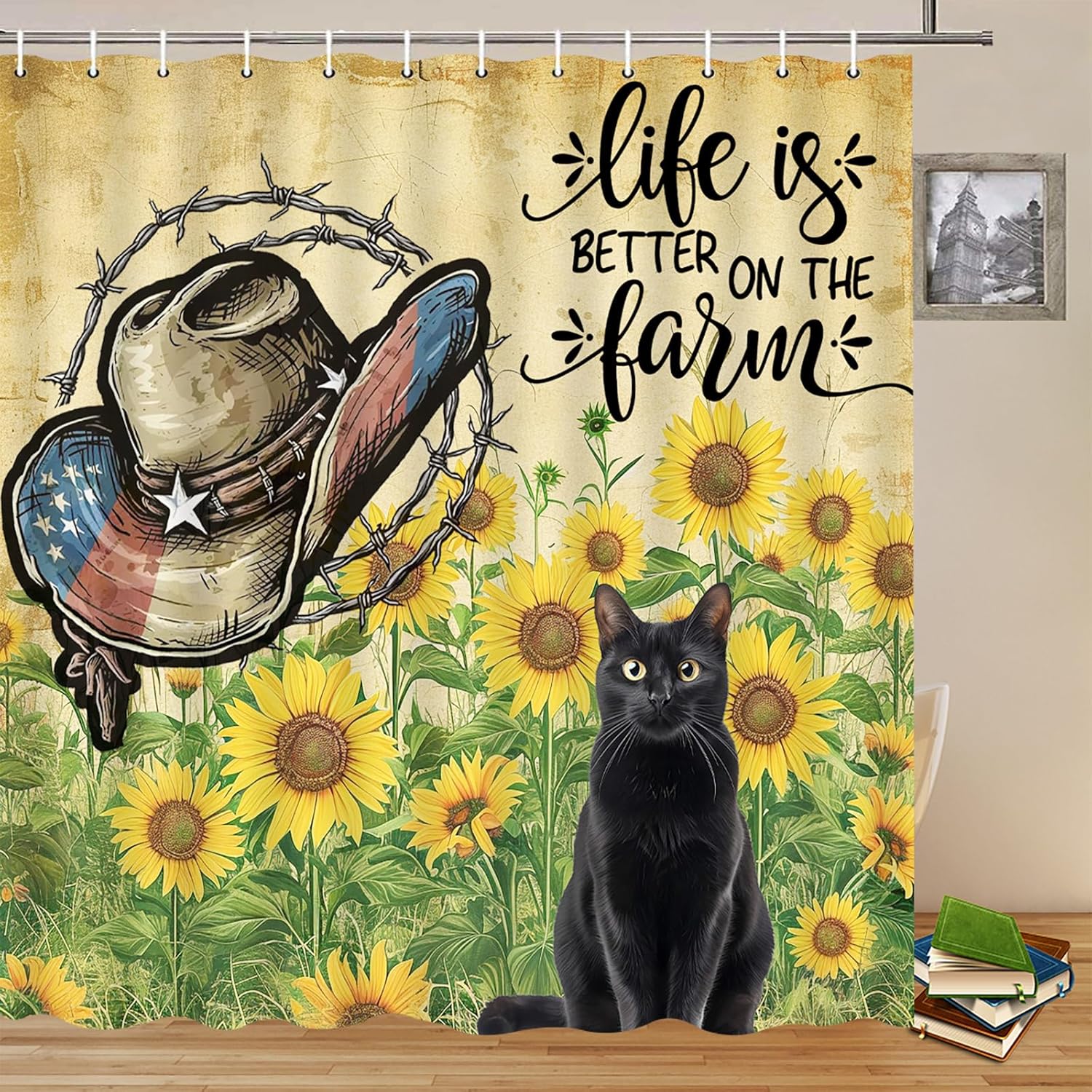 Fall Farm Sunflower Shower Curtains Black Pet Cat Yellow Floral Green Leaves Plant Cowboy Hat Funny Animal Pattern Bathroom Decor Polyester Fabric Bathtub Curtain Set 106 x 70 Inch with Hooks