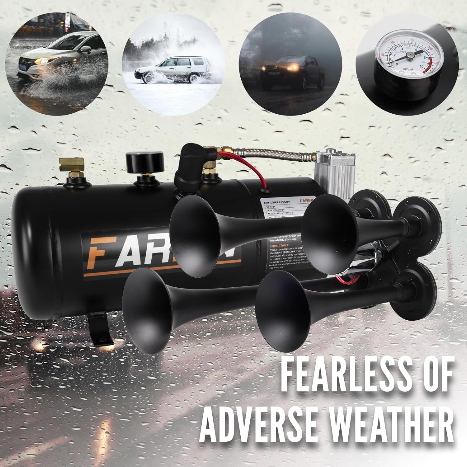 FARBIN 178DB 4 Trumpet Horns Train Horn Kit for Truck Super Loud Air horns with 150 PSI 12V Air Compressor Air Tank Can for Jeep SUV Train Metal Black(0.8 gal 12v black air horn kit)