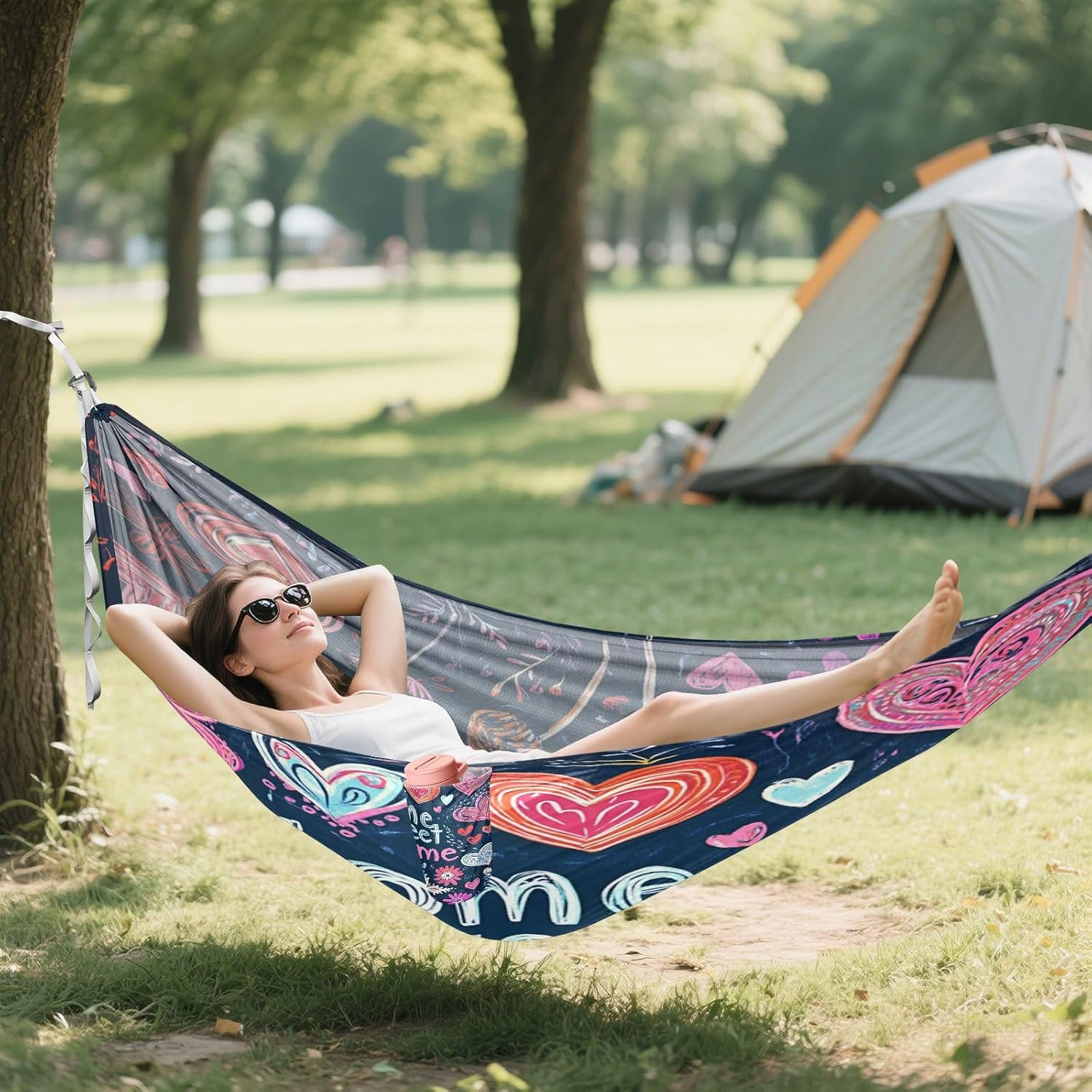 Valentines Day Flowers Red Lips Camping Hammocks with Tree Straps Cloth Hammock for Indoor Outdoor Patio