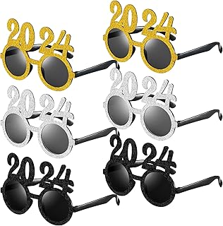Kanayu 6 Pcs 2024 Happy New Year Eyeglasses 2024 Glitter New Year Party Sunglasses Funny Gold Silver Black Party Photo Props for New Years Eve Party Supplies Graduation Costume Favors Decorations