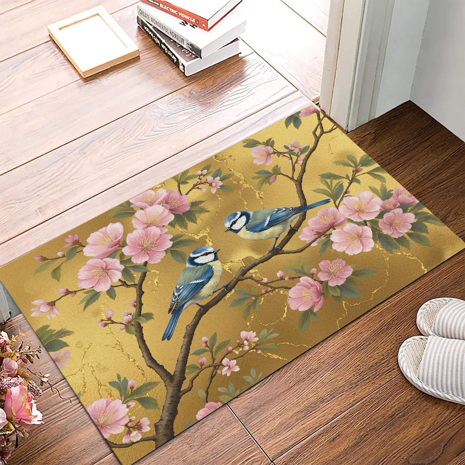 Tapis entrée intérieur 80x120cm paillasson fleurs oiseaux or