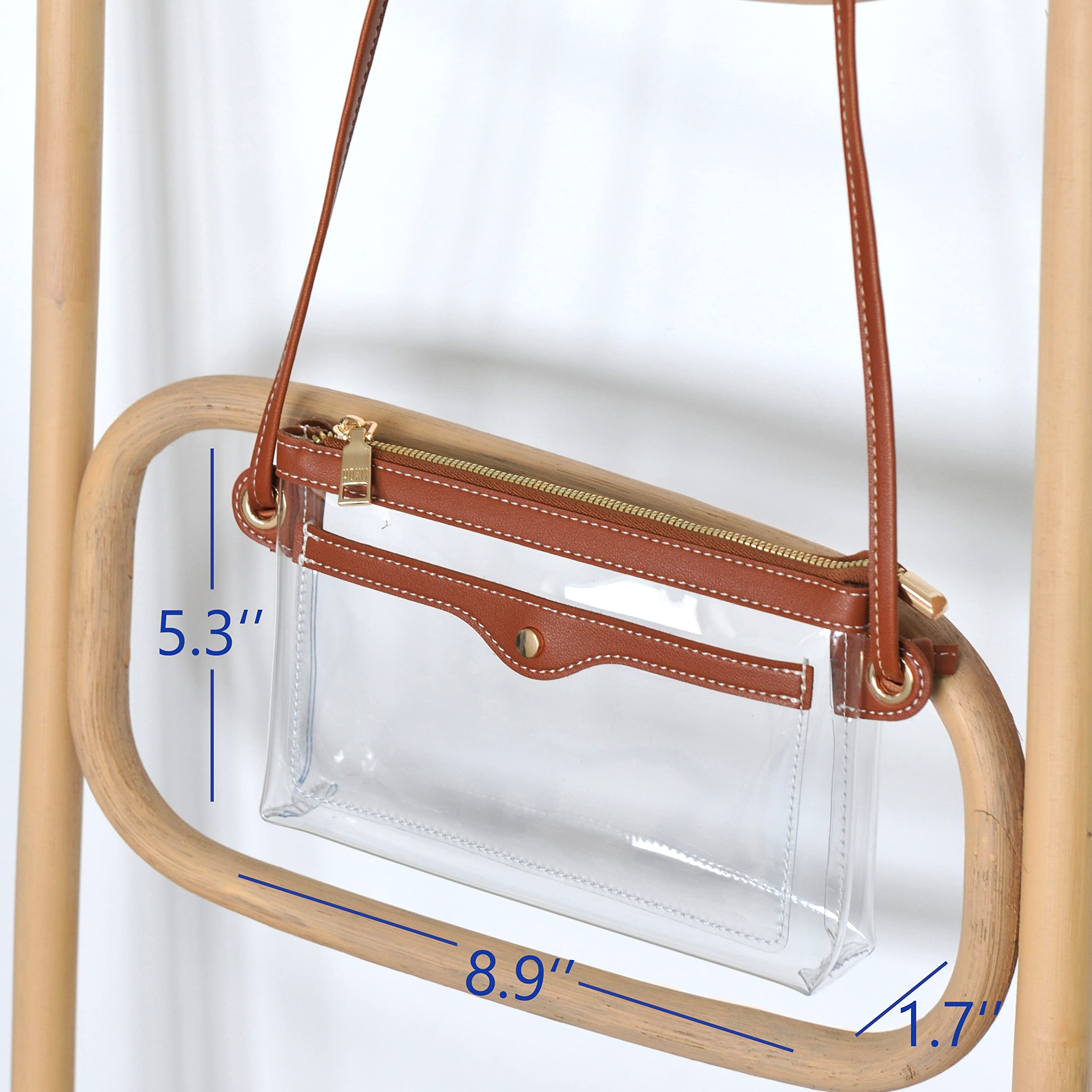 Women's Clear PVC Cross Body Bag Pocket Shoulder Bag with Vegan Leather Trim Transparent Zipper Purse Stadium Approved (Brown)