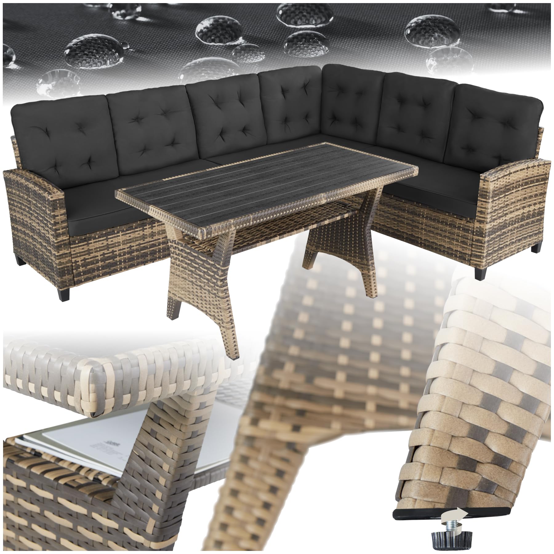 tectake Ensemble Salon de Jardin XXL Poly Rotin Canapé 6 Places Table Jardin Mobilier Exterieur