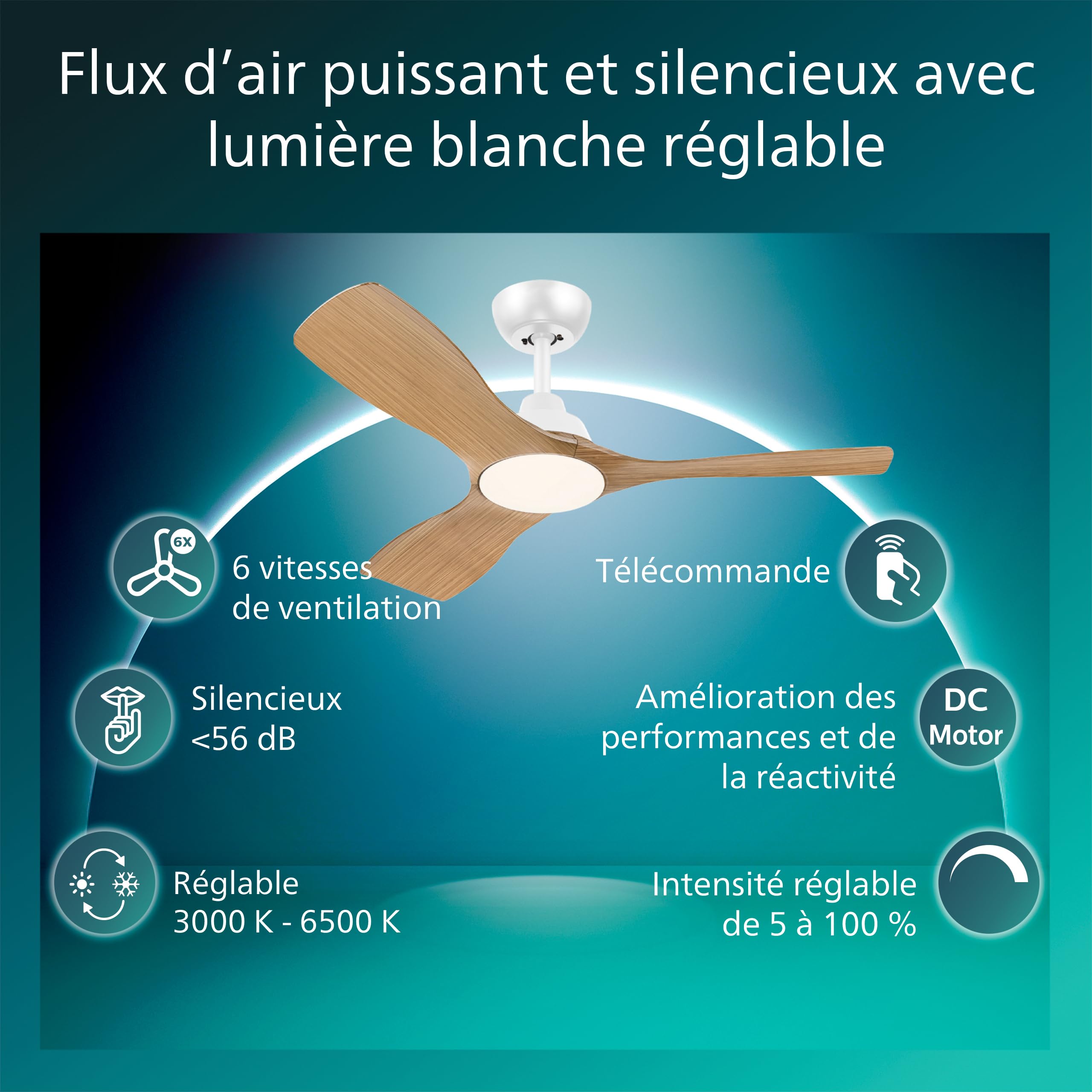 PHILIPS Ventilateur de Plafond LED 107 cm 2650 Lumens 3000-6500K Télécommande Blanc/Bois