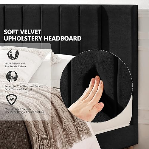 Miniatura 10 de Flolinda Base de cama de plataforma tamaño King con cabecera tapizada de terciopelo y soporte de listones de madera, base de colchón totalmente