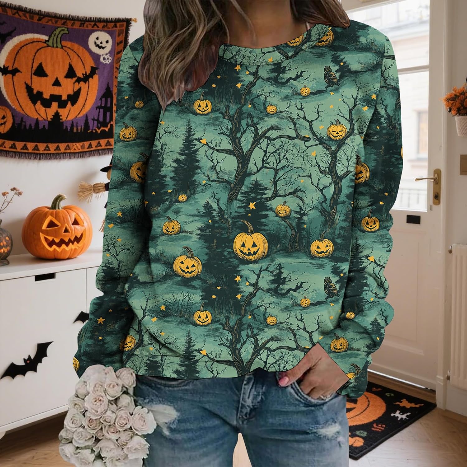 LIZALIG Pullover Cute Sweatshirt Orange Skeleton Fall Festive FunWomens Design Bat Holiday Party Outings Pumpkin Print - Image 3