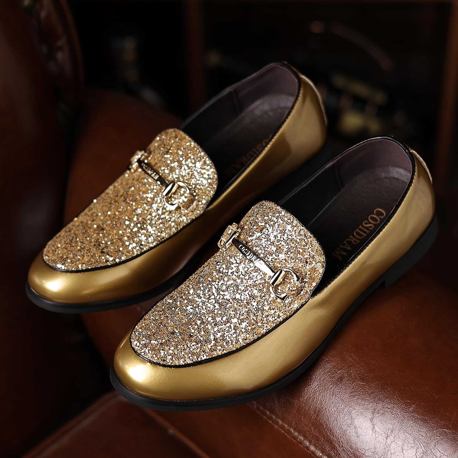 COSIDRAM Men's Glitter Dress Shoes Fashion Metallic Sequins Gold Buckle Luxury Patent Leather Loafers Wedding Party Prom - Image 6