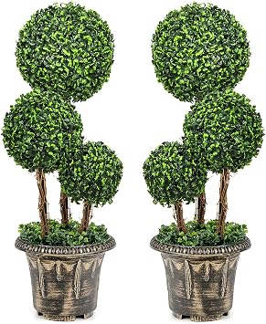 DREAMADE Artificial Boxwood Topiary Tree, 2.5ft Triple Ball Shaped Faux Topiary Tree w/Weighted Pot, Metal Frame, Fake Green Potted Plants Decoration for Indoor/Outdoor/Home/Office, Set of 2