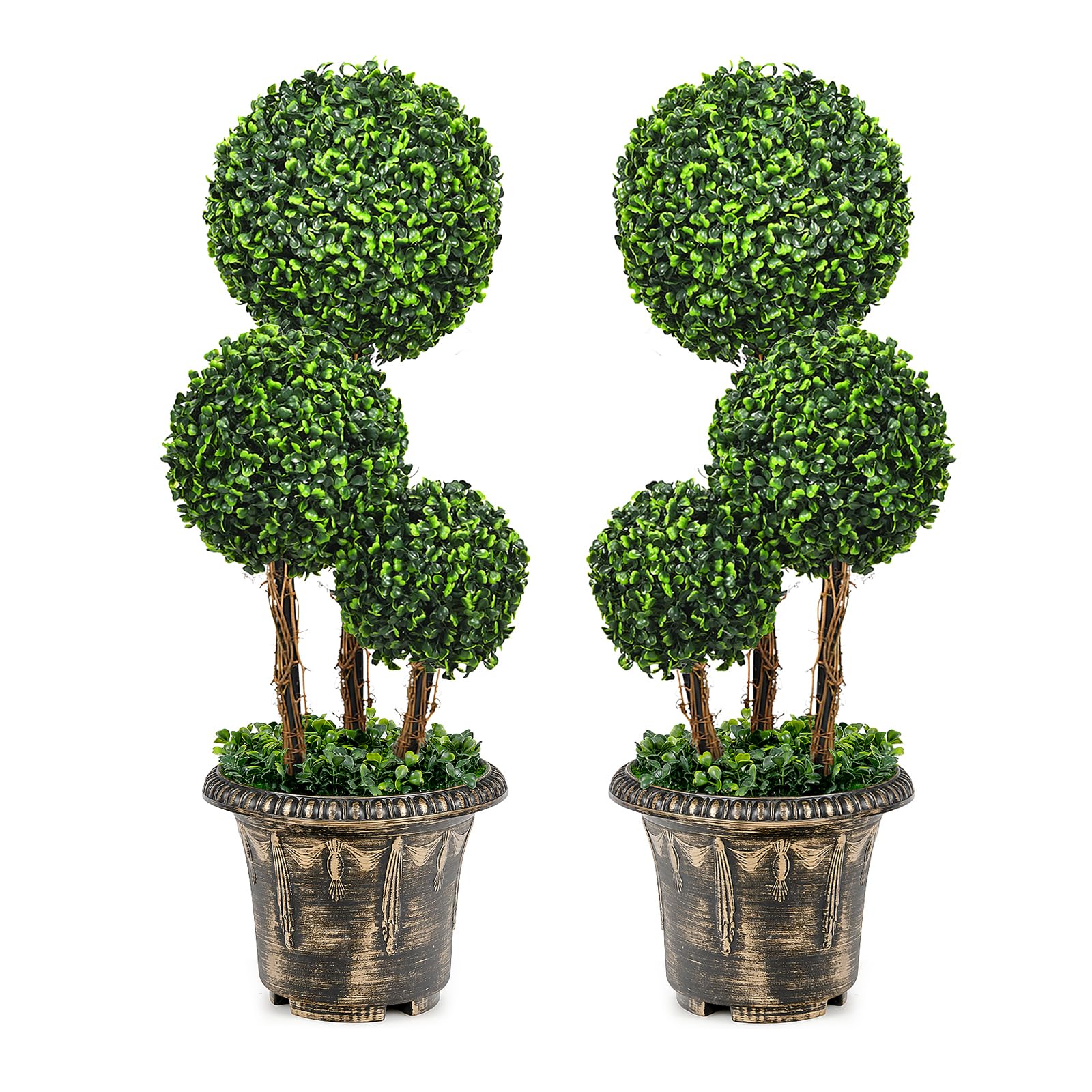 DREAMADE Artificial Boxwood Topiary Tree, 2.5ft Triple Ball Shaped Faux Topiary Tree w/Weighted Pot, Metal Frame, Fake Green Potted Plants Decoration for Indoor/Outdoor/Home/Office, Set of 2
