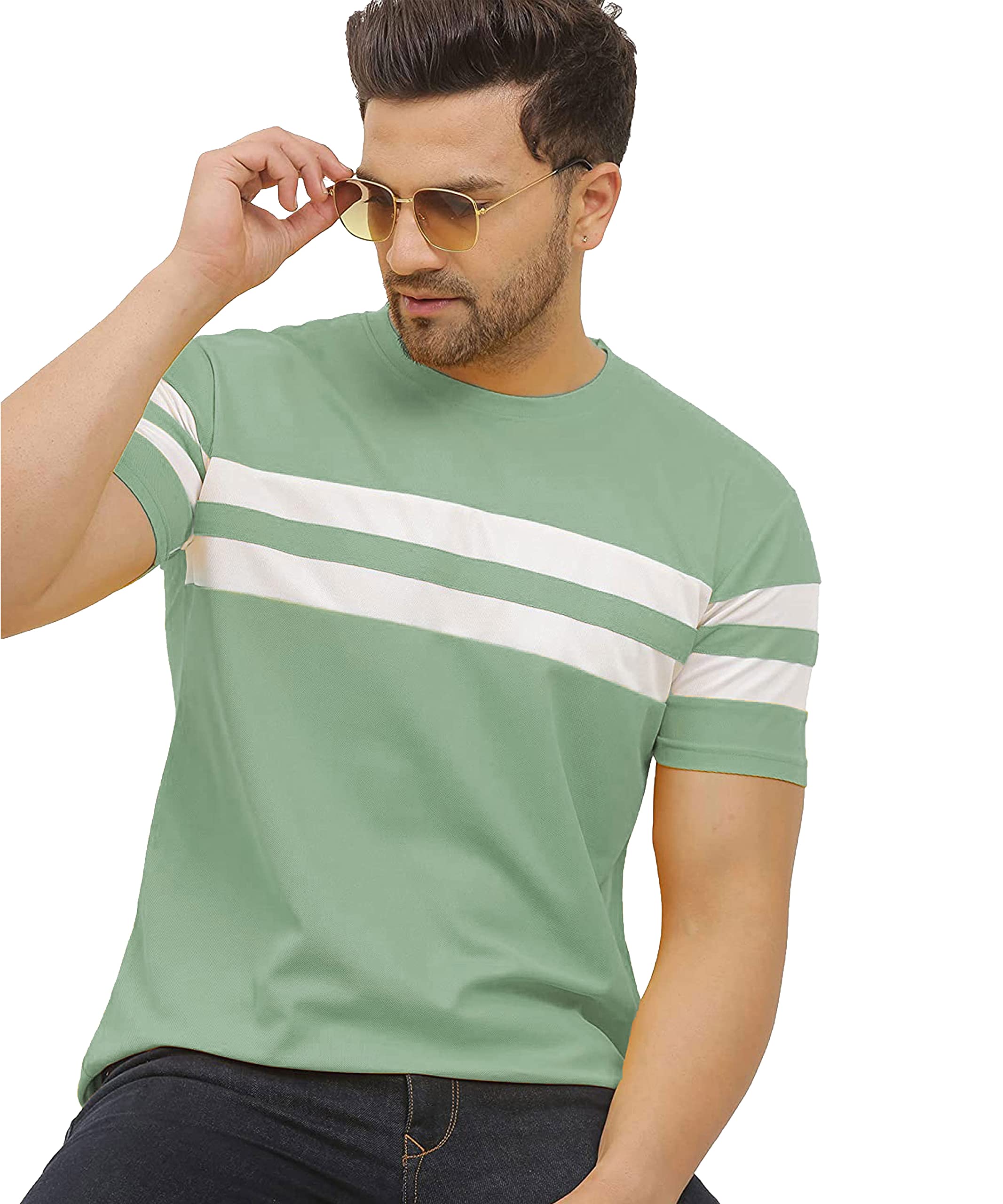 SWADESI STUFFRegular Fit Striped Round Neck Half Sleeve 2 Line T-Shirt for Men