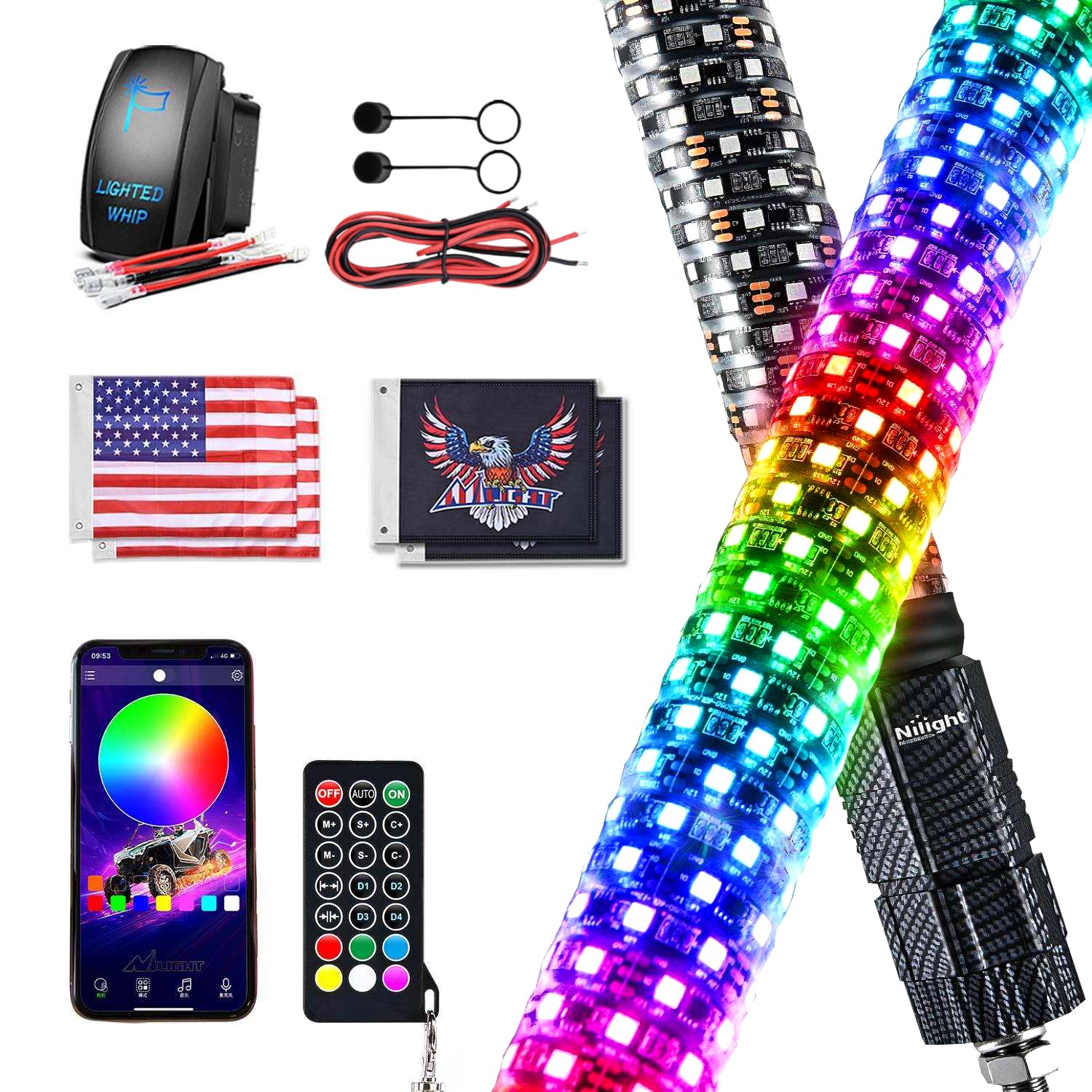 Nilight RGB LED Fat Whip Light 2PCS 2FT Lighted Antenna Whips