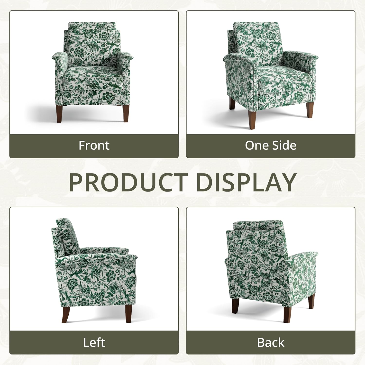 Accent Chair, Modern Floral High Back Upholstered Armchair with Solid Legs for Living Room, Spring-Padded Cushion and Removable Back Cushion Bedroom Reading Single Sofa Chair, Green