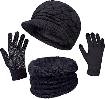 3-Pieces Winter Hat Gloves Scarf Set, Knit Warm Beanie Hat Neck Warmer Touch Screen Mittens for Women
