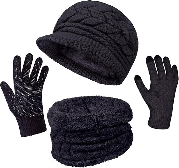Loritta 3 in 1 Womens Winter Hat Gloves Scarf Set, Warm Hat Mittens | Touch Screen, Thick Neck Warmer, Soft Knit, Beanie With Visor Brim, Classic Pattern, Gifts Set, Stocking Stuffers