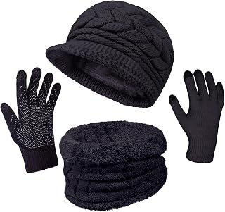 3-Pieces Winter Hat Gloves Scarf Set, Knit Warm Beanie Hat Neck Warmer Touch Screen Mittens for Women, Black