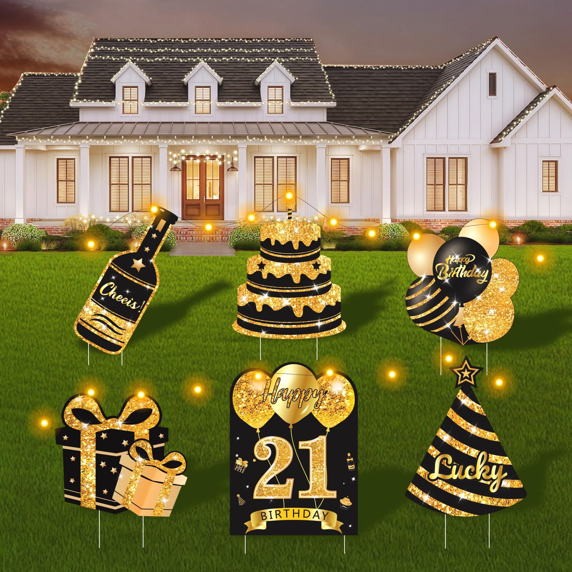 Happy Birthday Yard Sign with Stakes, 6 Pcs Gold Happy Birthday Sign with LED Lights and Double-Sided Tape, Personalized Age Happy Birthday Decorations, Ideal for Outdoor and Indoor Birthday Parties