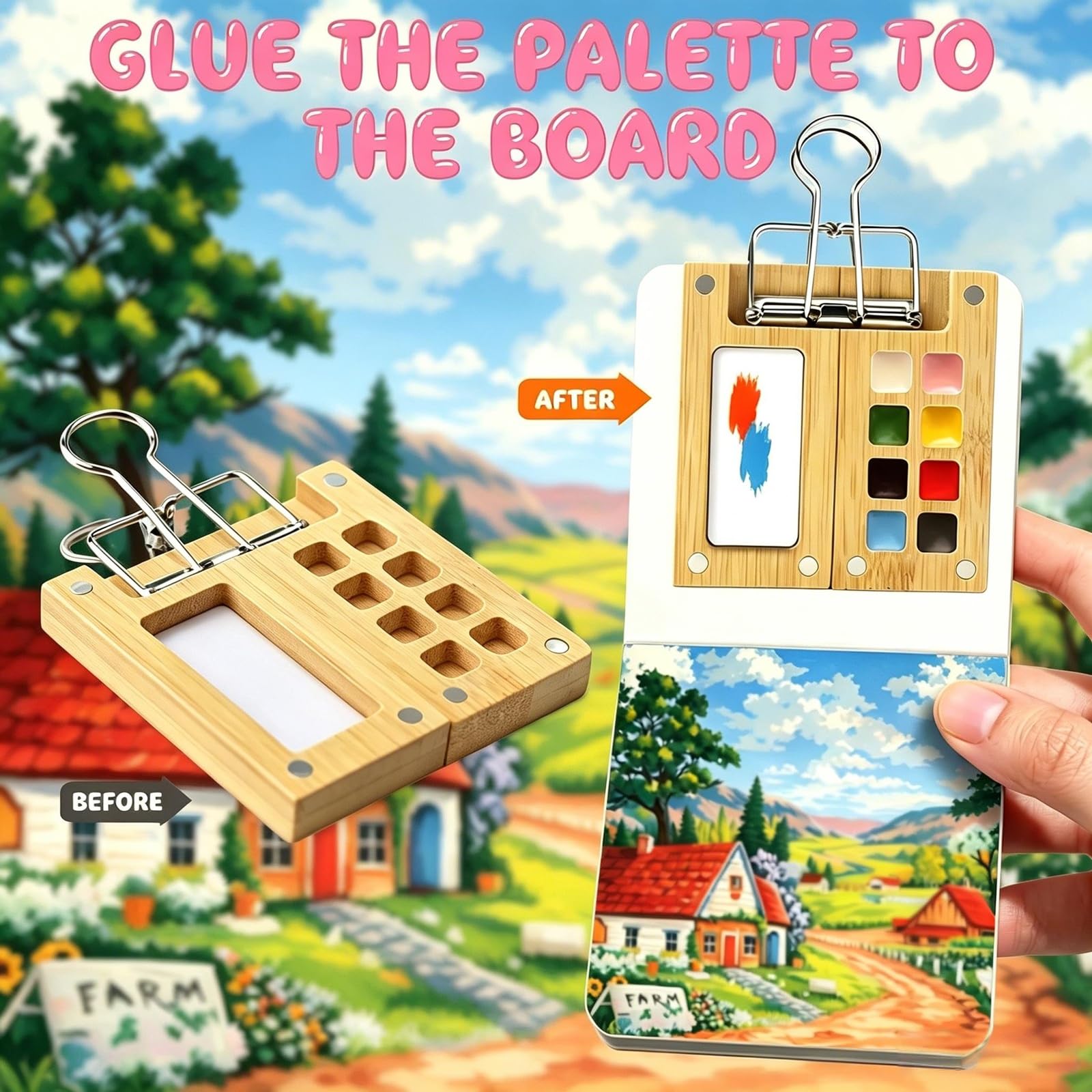 5 Mini Aquarell Travel Set, 8-Fächer Pocket Aquarell Set aus Bambus, Tobios faltbares Aquarellset, für Maler, Künstler und Studenten (inkl. Skizzenbuch, Palette, Metallklammer, Pinsel, Farben)