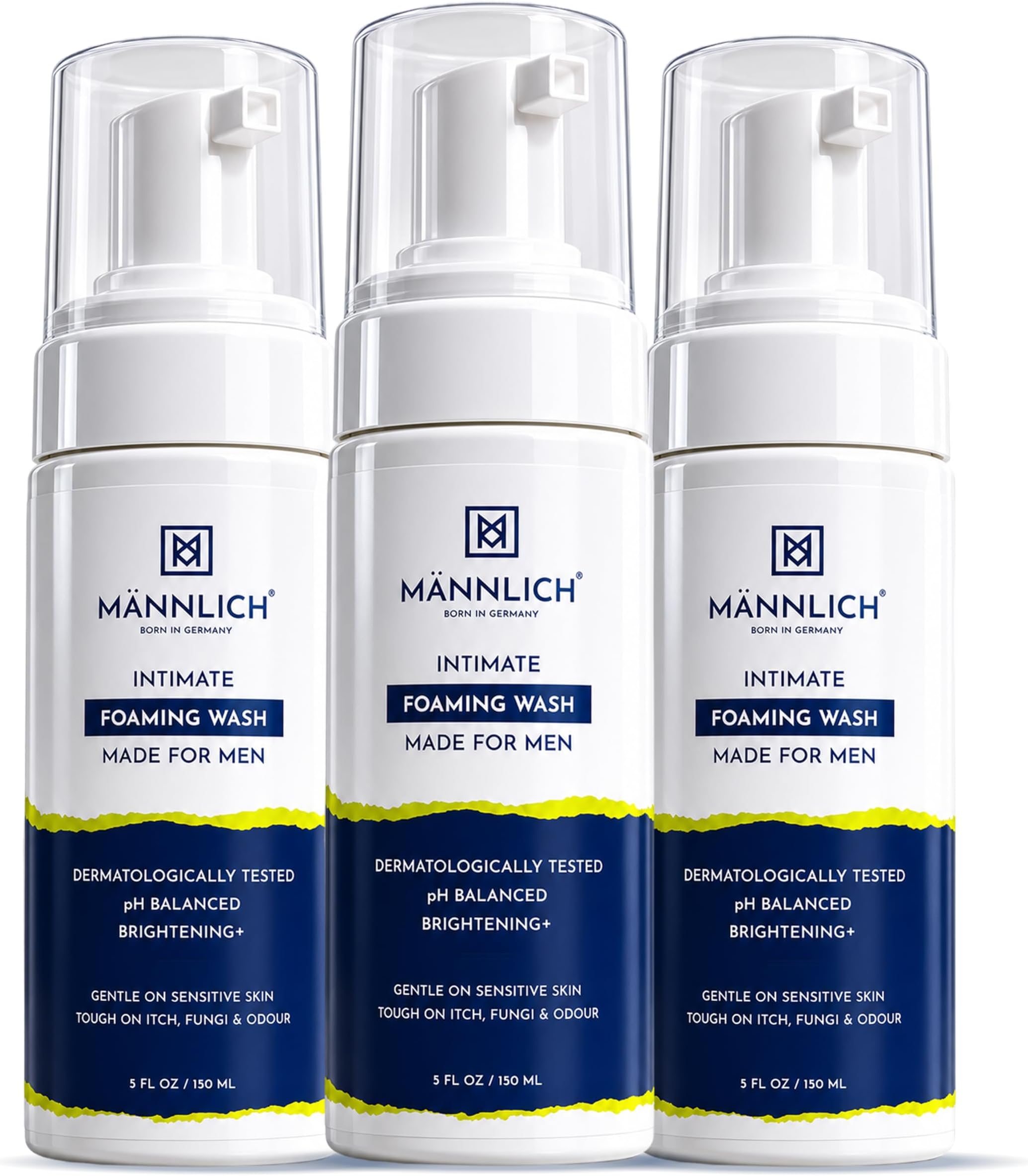 Mannlich Intimate Wash 150 ml (Pack of 3) Relieves Itchiness & Odour, Prevents Fungal Growth, Genital Area, pH Balanced & Dermatologically Tested With Tea Tree Oil, Neem, Eucalyptus Oil, 1% Salicylic & Lactic Acid
