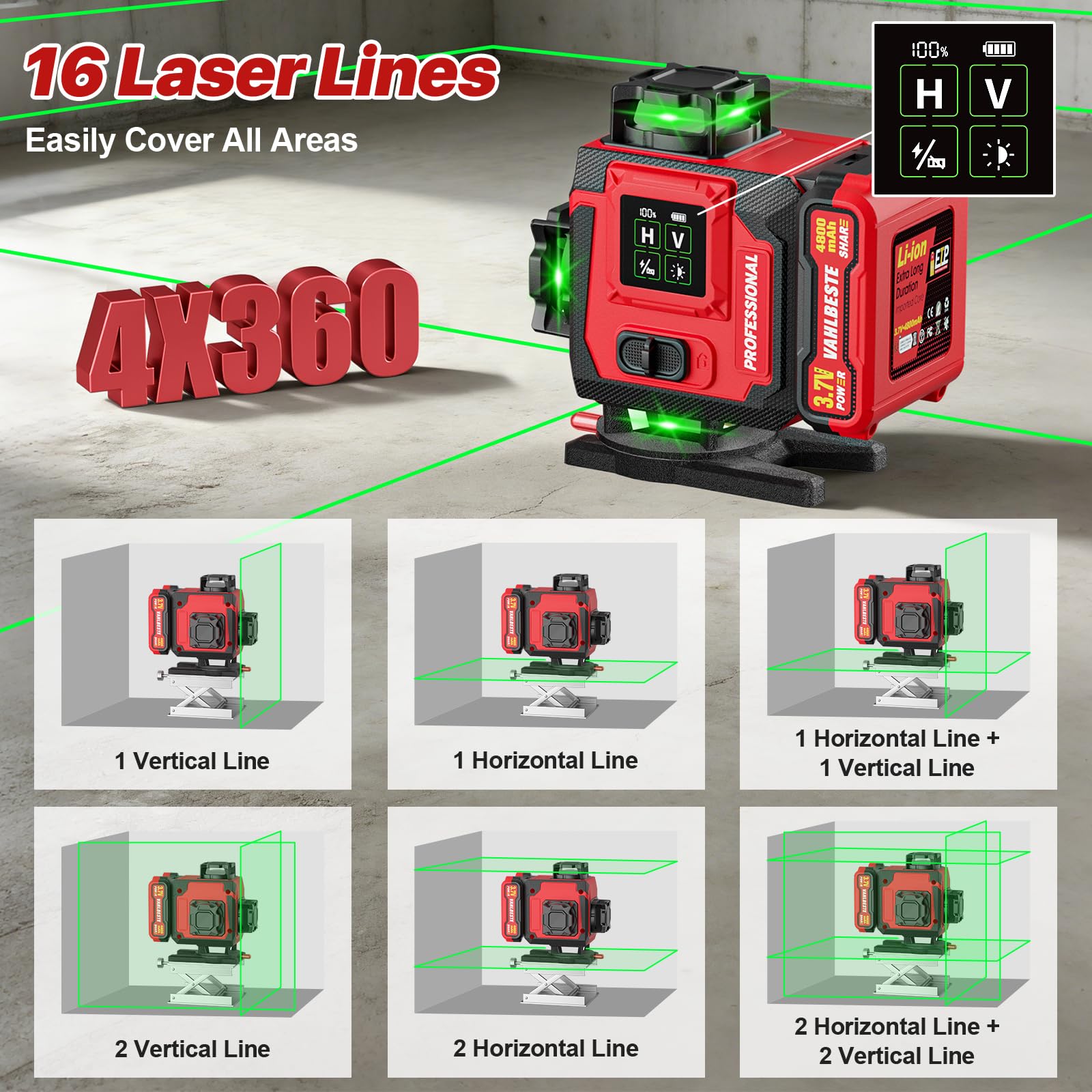 Livella Laser con Treppiede,Livella Laser Autolivellante 360 con 2x4800mAh Batterie,4x360 °Livello Laser con Display LED,16 Linee Laser Verde/APP/Telecomando per l'edilizia/Appendere Quadri