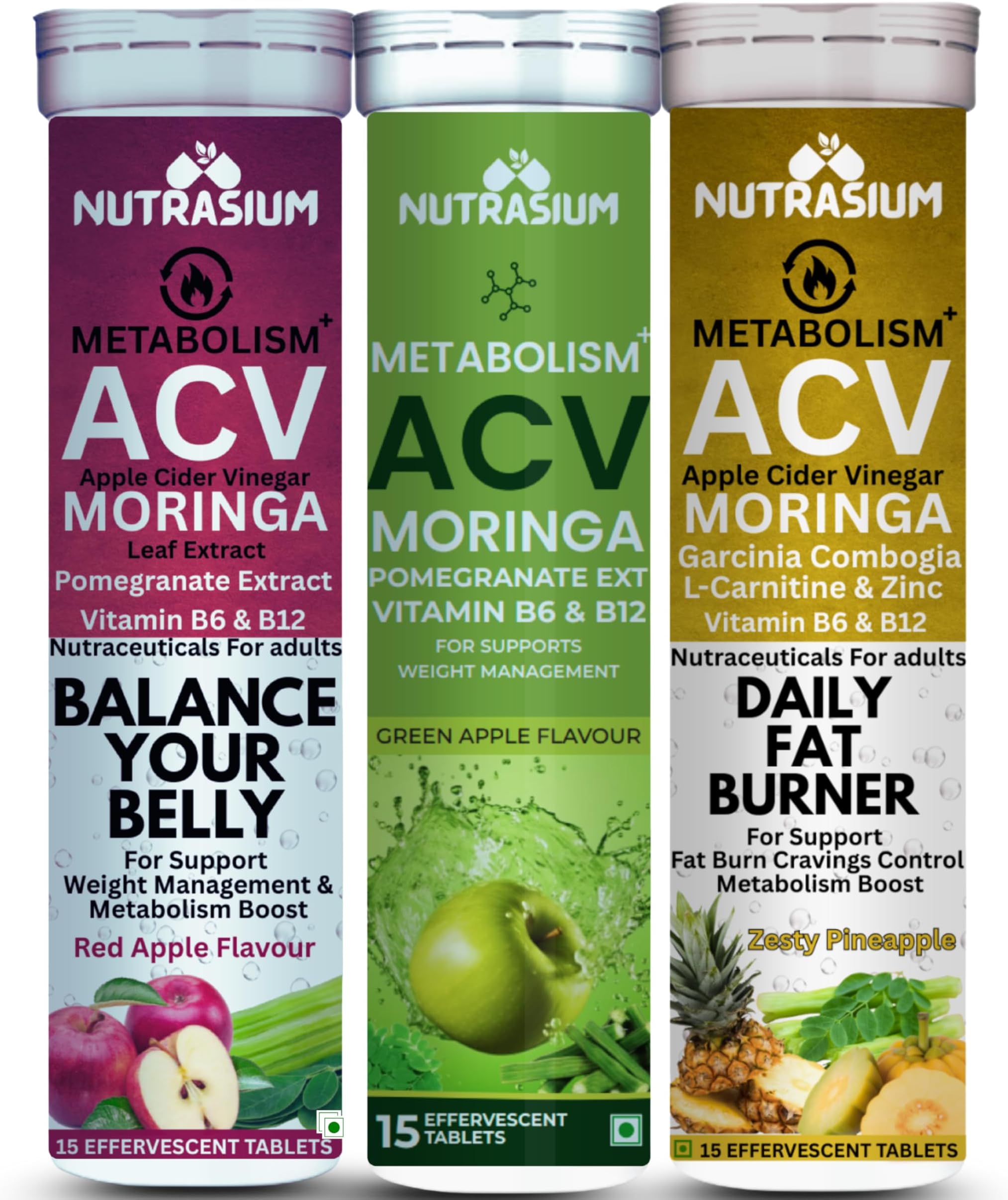 Nutrasium ACV Moringa Metabolism Plus | Apple Cider Vinegar Effervescent Tablet | For Supports Weight Loss, Control Cravings, Convert Fat Into Energy, Boost Energy & Immunity | 45 Tablets Mix Fruit