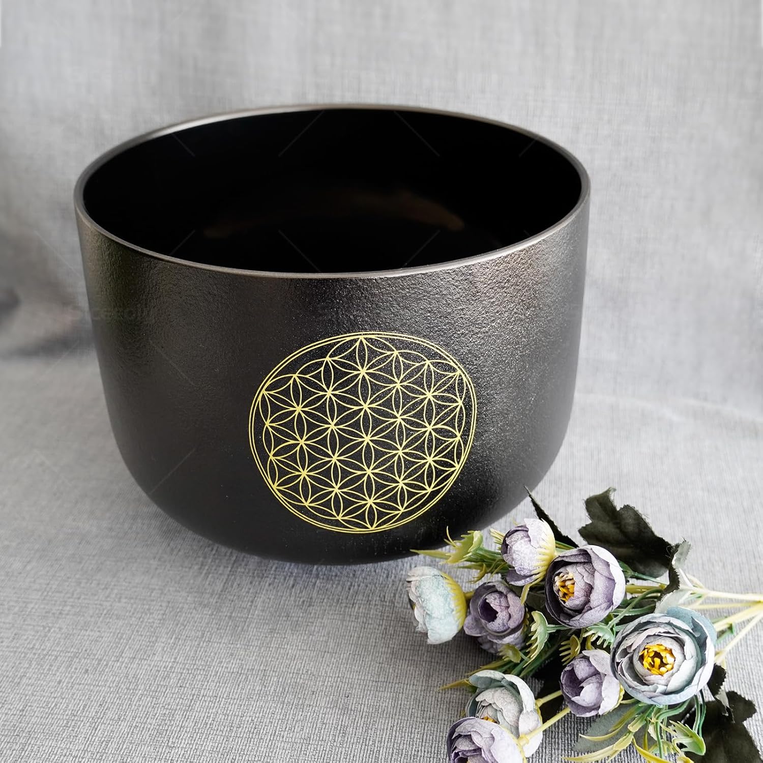 Set of 3 Singing Bowls Flower of Life Black 6-10 inch 6"A 8"F 10"C Frosted Chakra Quartz Crystal Sound Healing Crystal with 1 Mallet Suede 1 Striker 3 O-rings